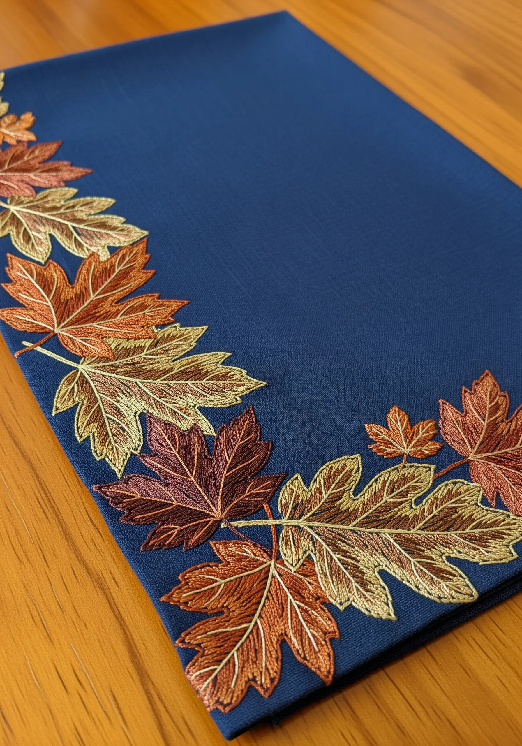 Autumnal maple and oak leaves with variegated thread on a dark blue napkin.