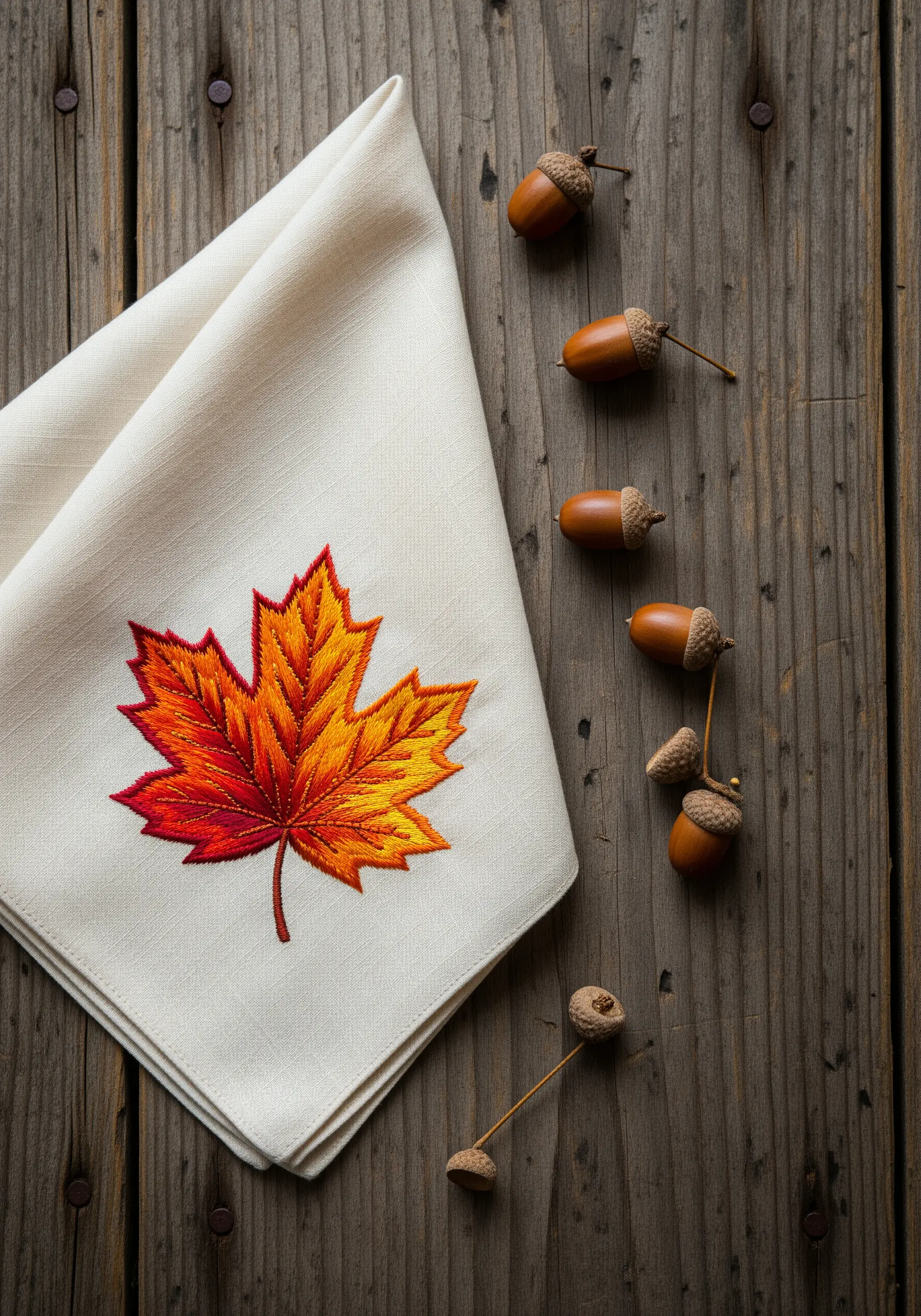 An embroidered maple leaf with a red, orange, and yellow gradient.