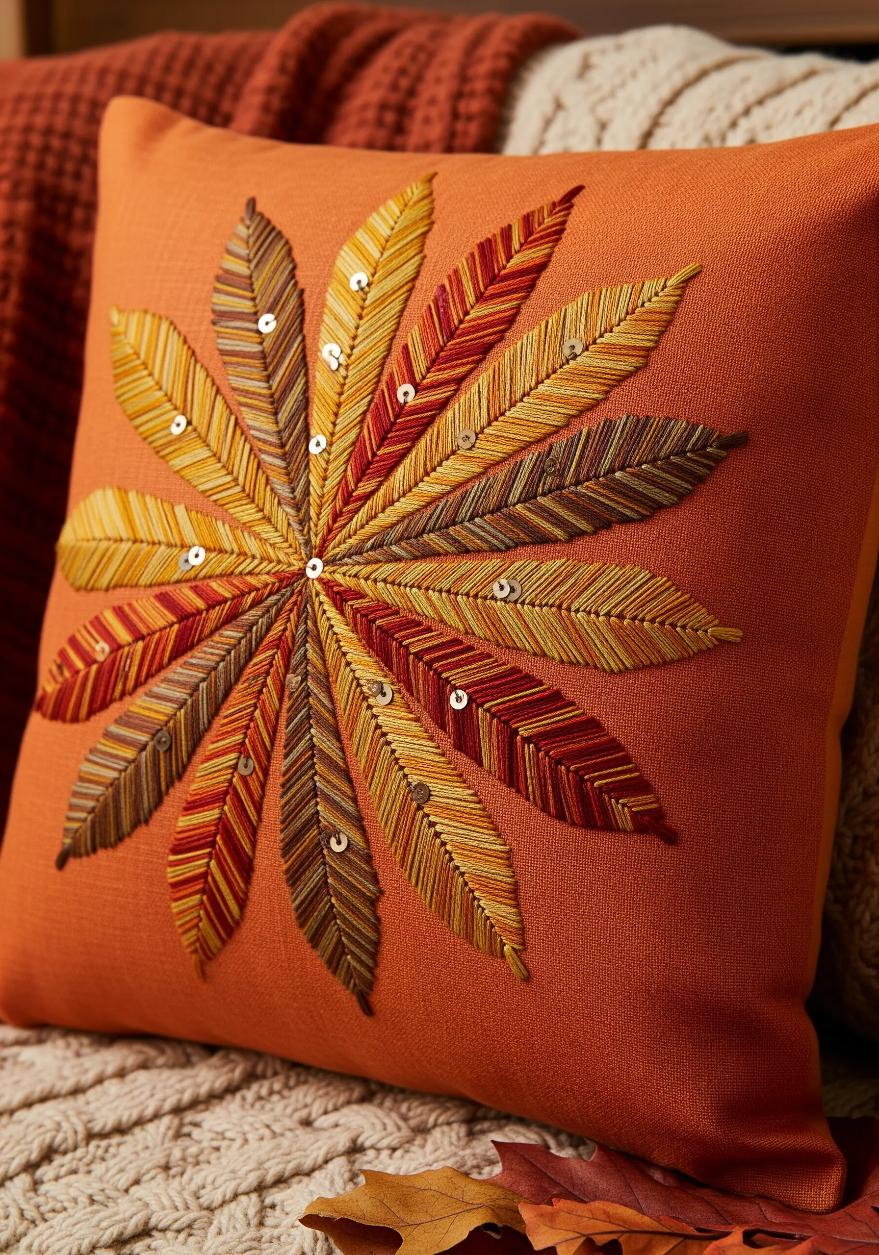 A radiating mandala of embroidered autumn leaves in warm tones on an orange pillow, with sequins.