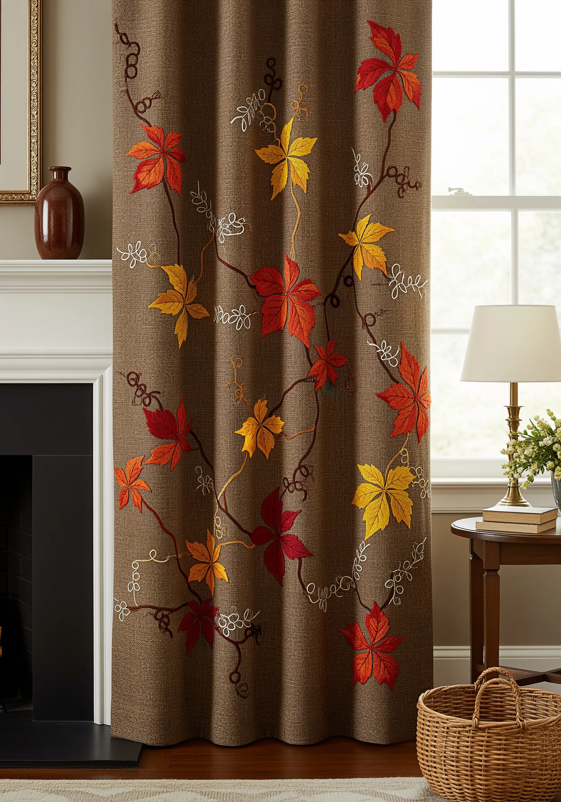 A climbing vine with red, orange, and yellow autumn leaves embroidered on a brown curtain.