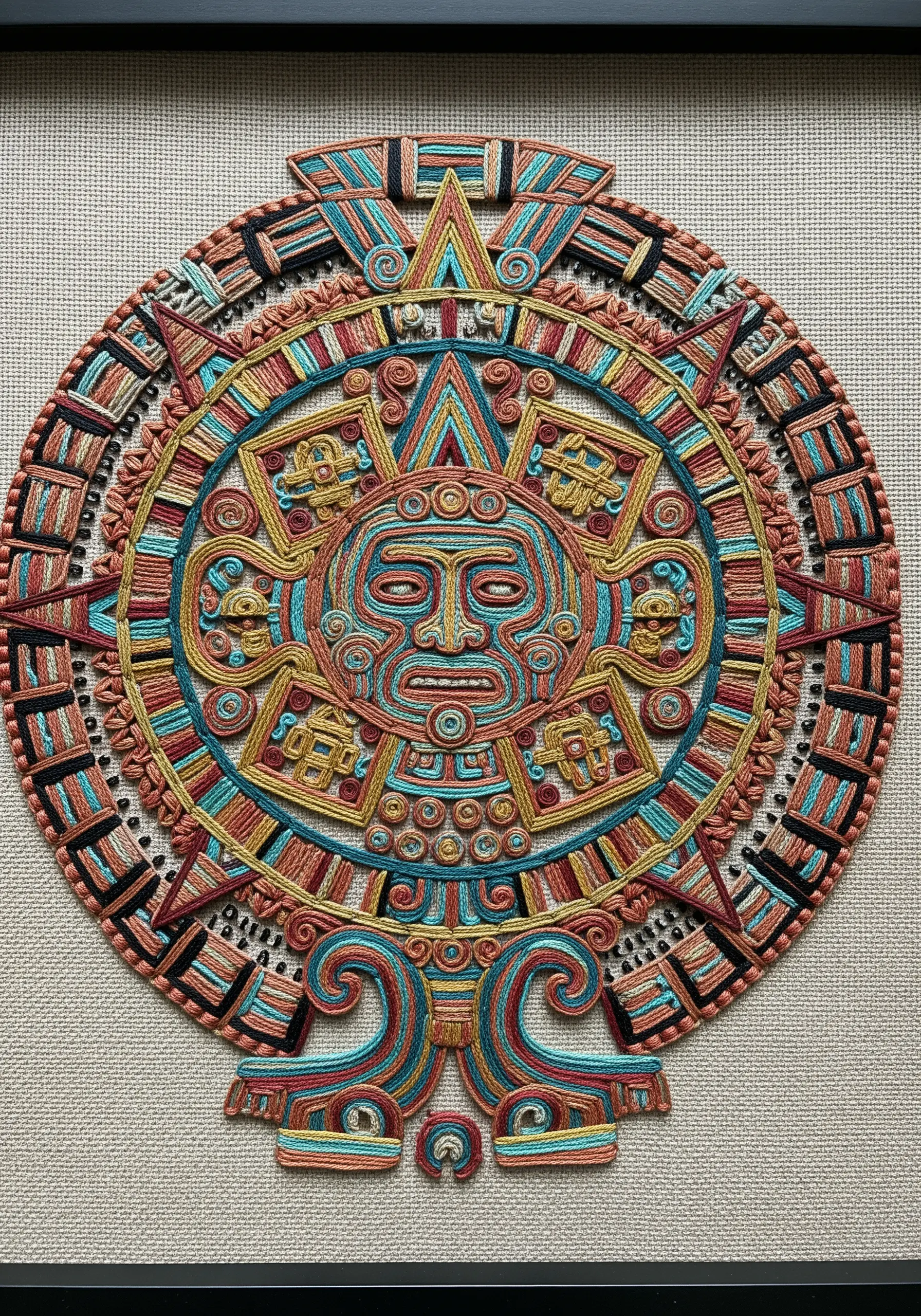 An embroidered Aztec calendar stone with intricate, multi-colored textural layers.