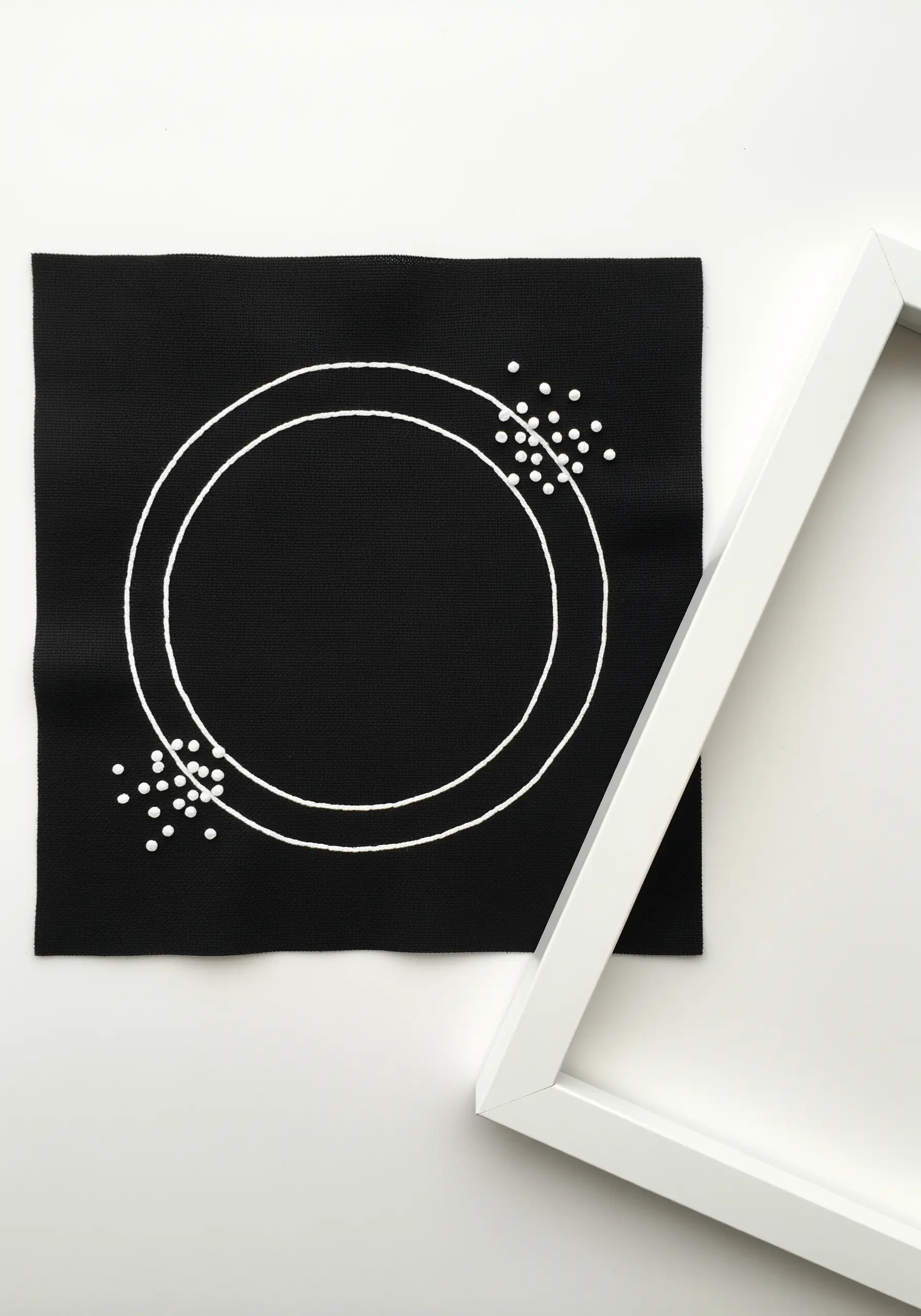 Two white circles and clusters of dots embroidered on black fabric.