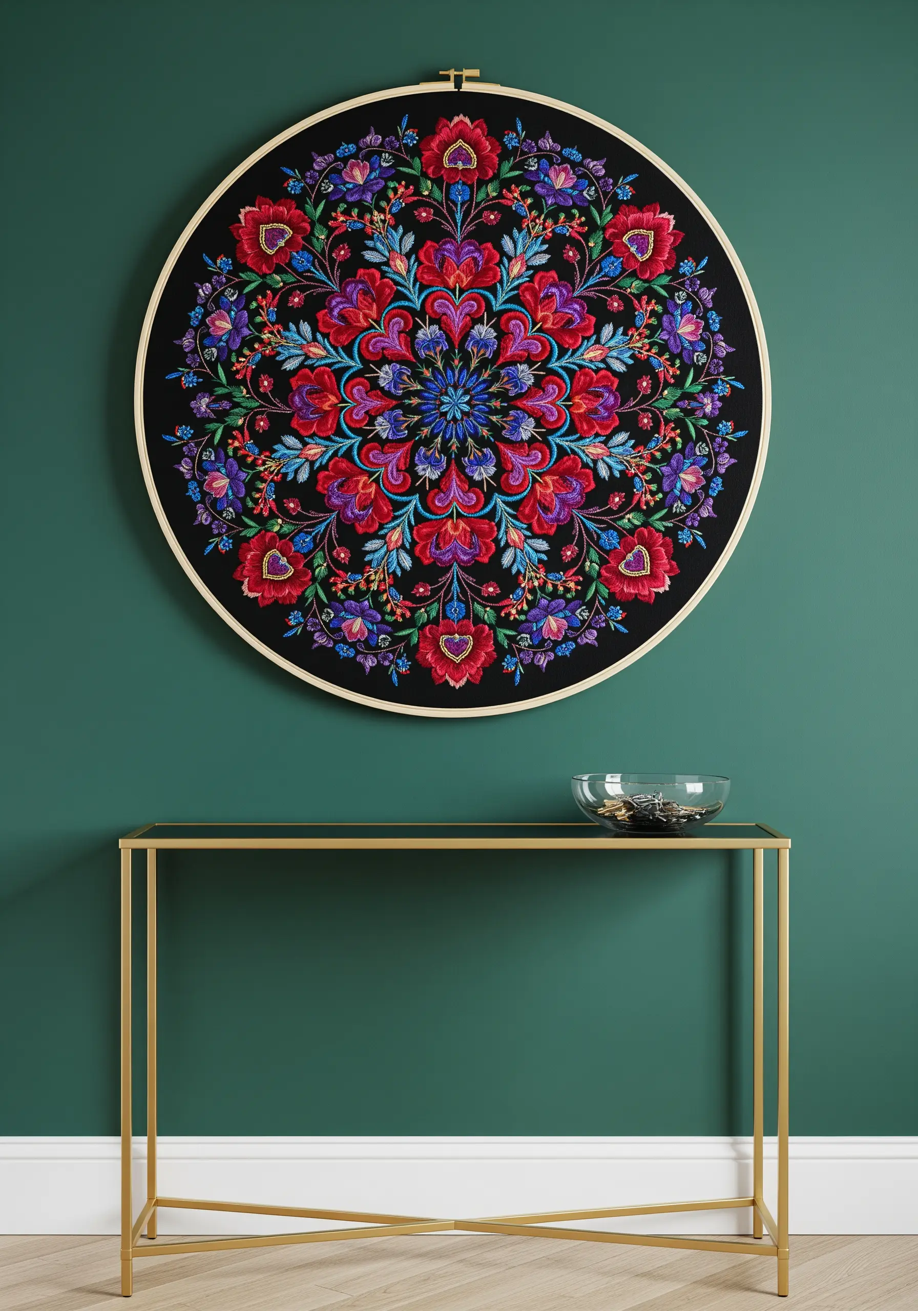 A large, vibrant floral mandala embroidered with saturated colors on black fabric.