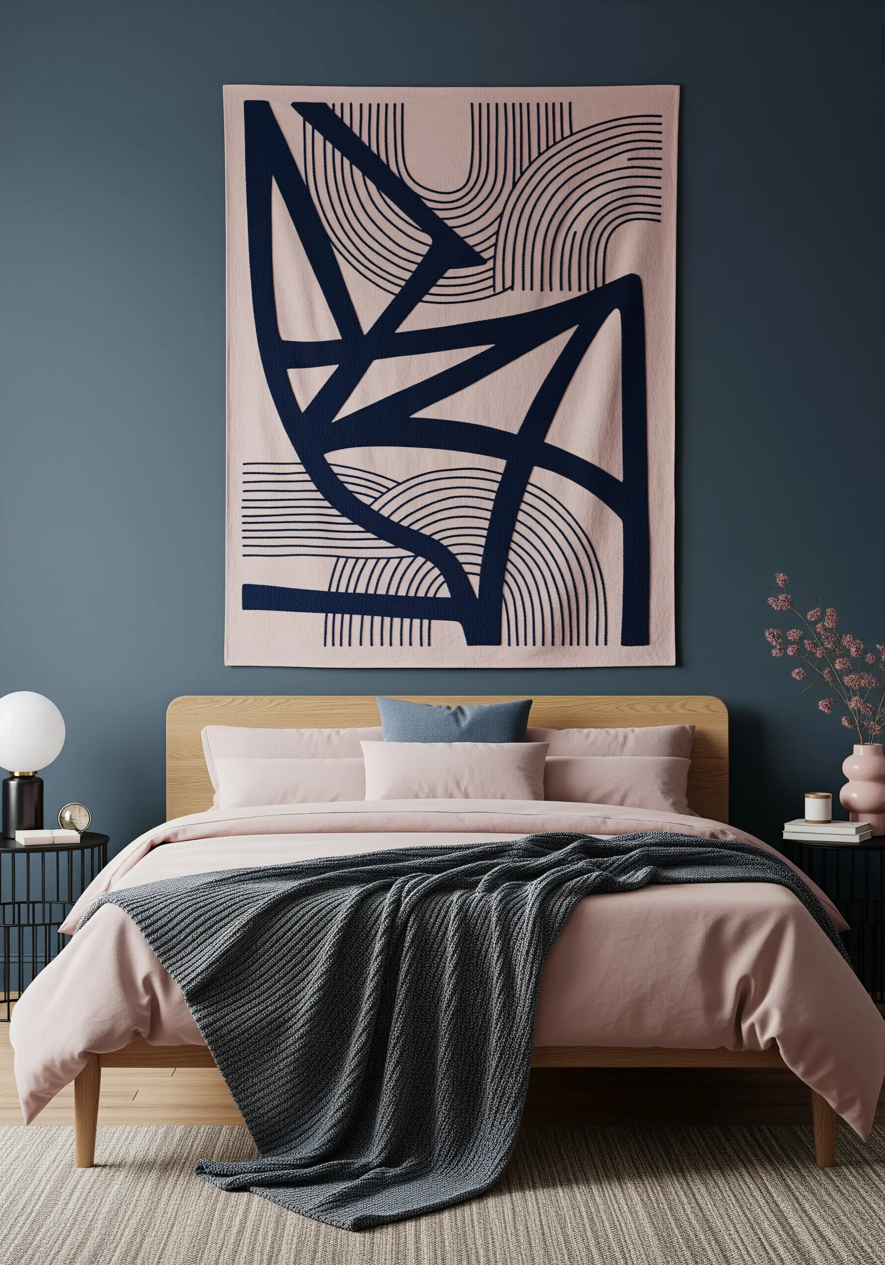 A large wall hanging with bold navy abstract shapes and delicate curved lines on a pink background.