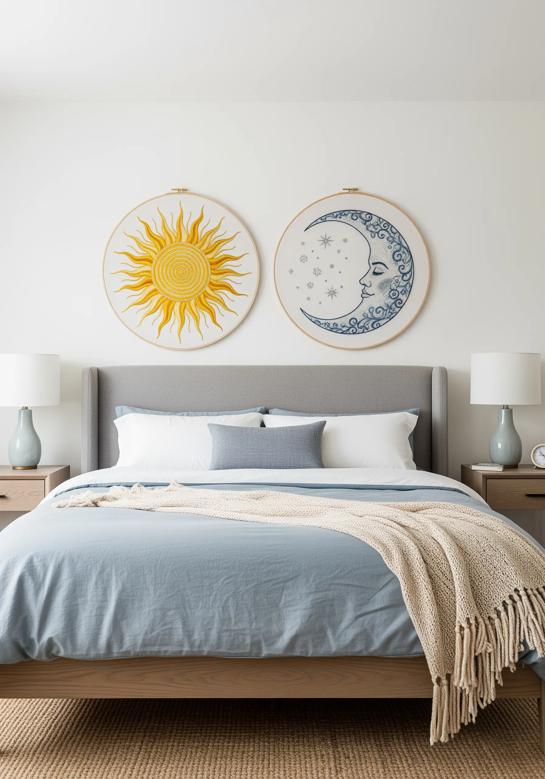 Two large embroidery hoops, one of a radiant yellow sun and one of a serene blue moon.