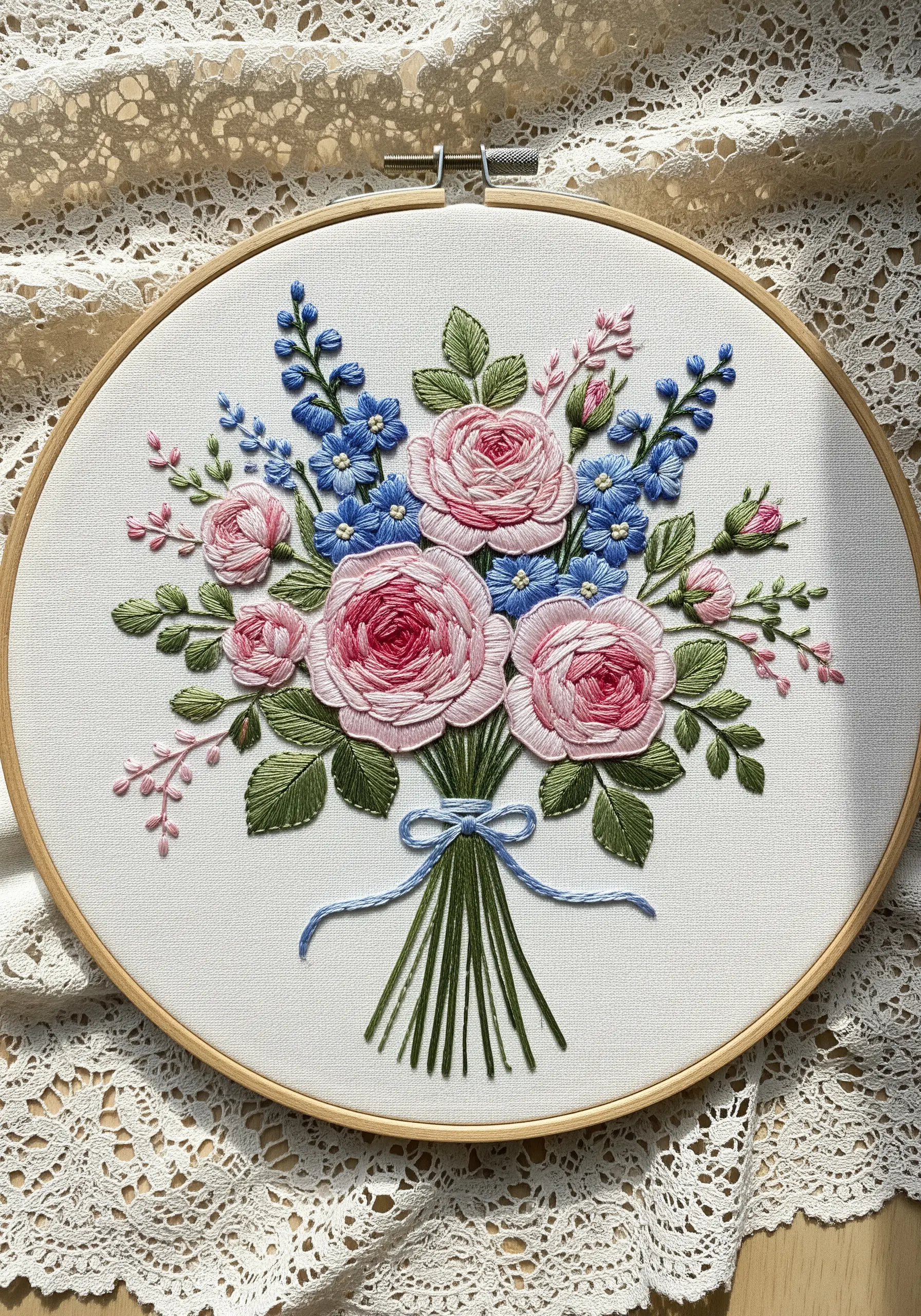 A classic embroidered bouquet of pink roses and blue forget-me-nots on a white hoop.