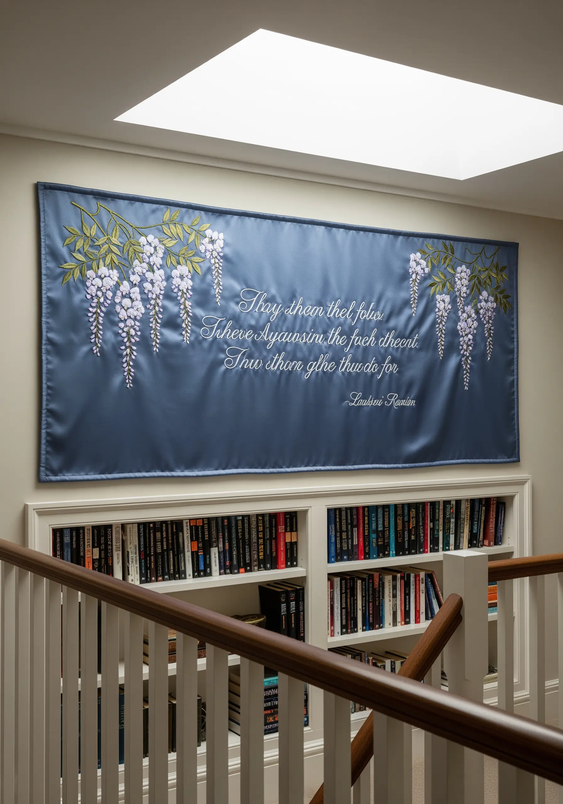 A blue satin banner with white wisteria embroidery framing a delicate quote.