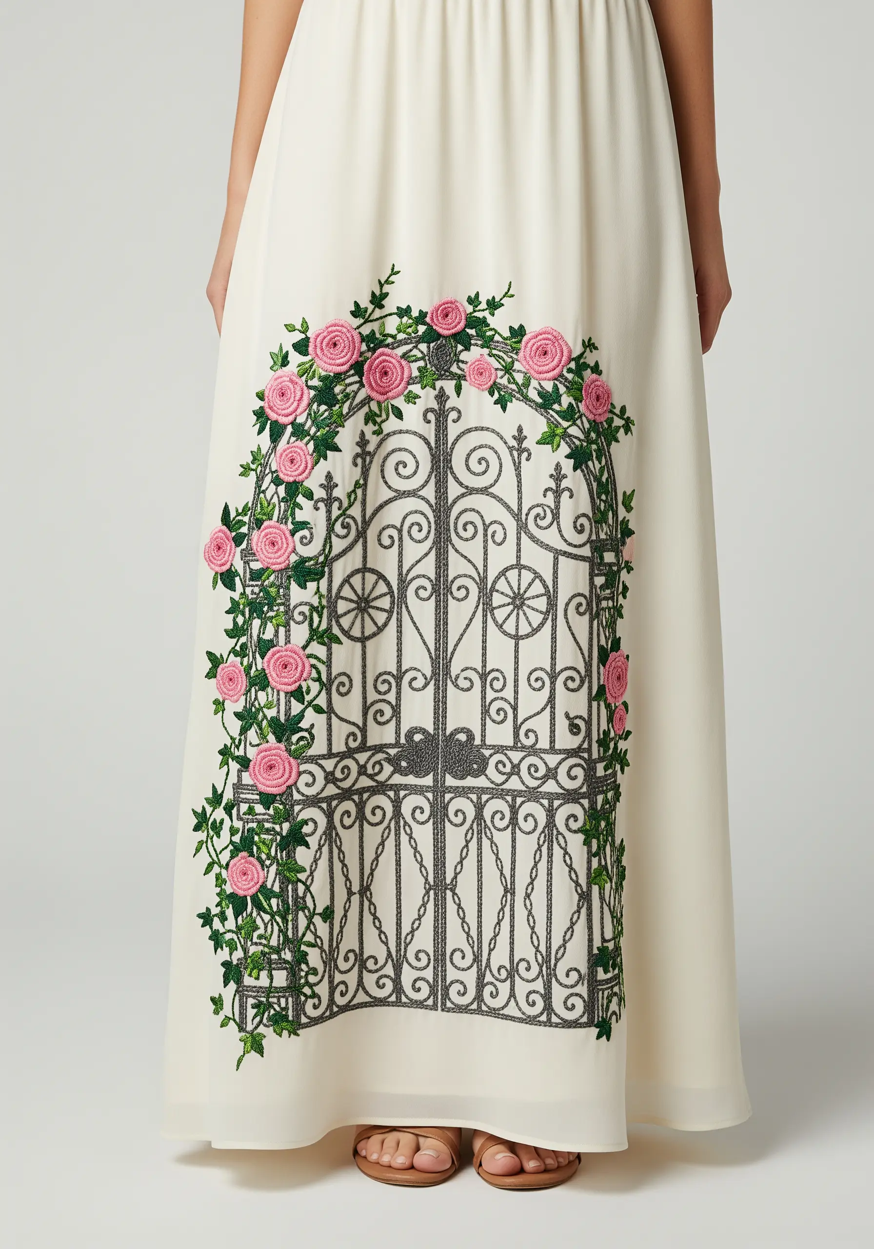 Embroidery of a wrought-iron gate adorned with pink roses on a long white skirt.