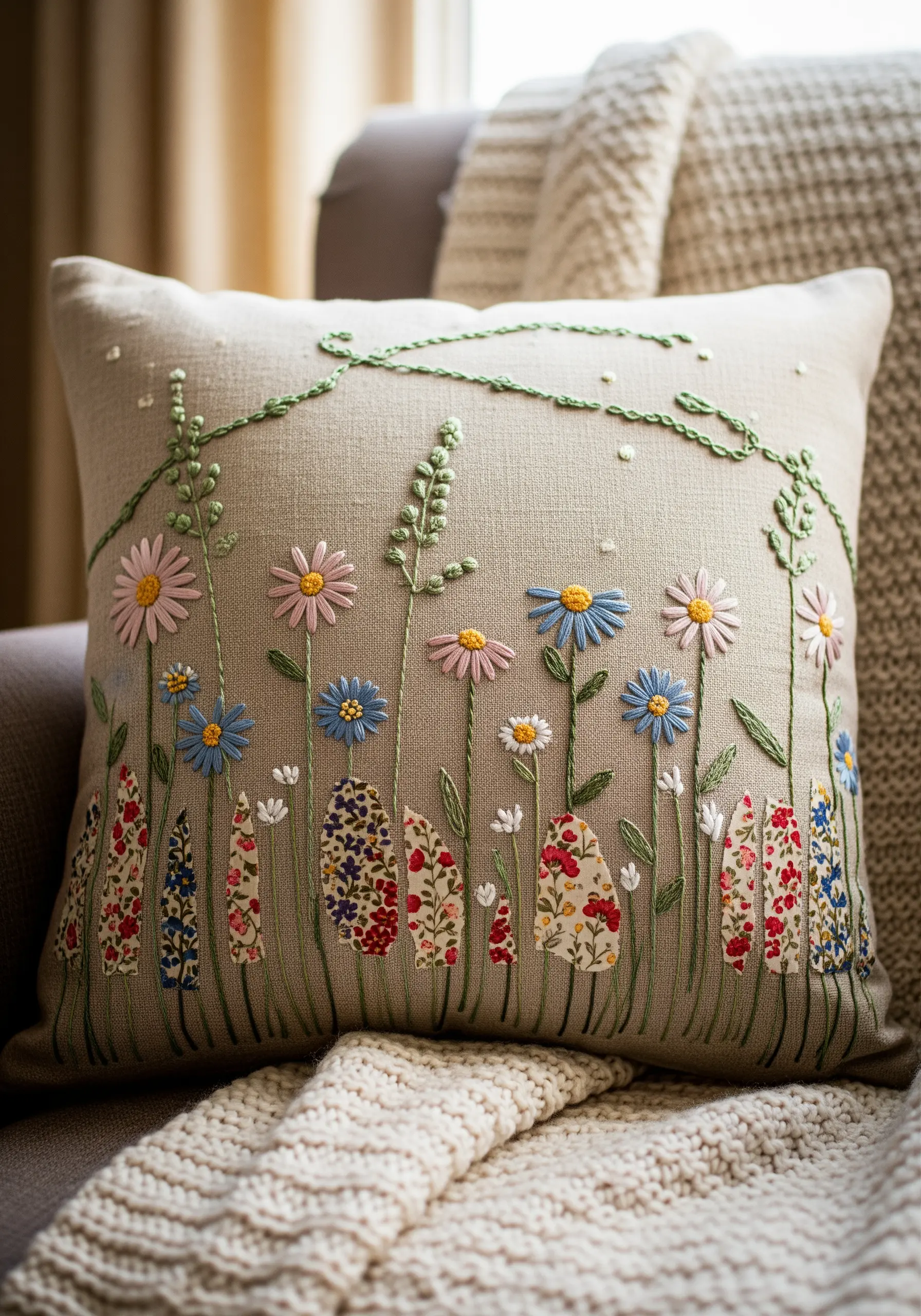 Linen pillow with patterned fabric appliqué leaves and simple embroidered flowers.