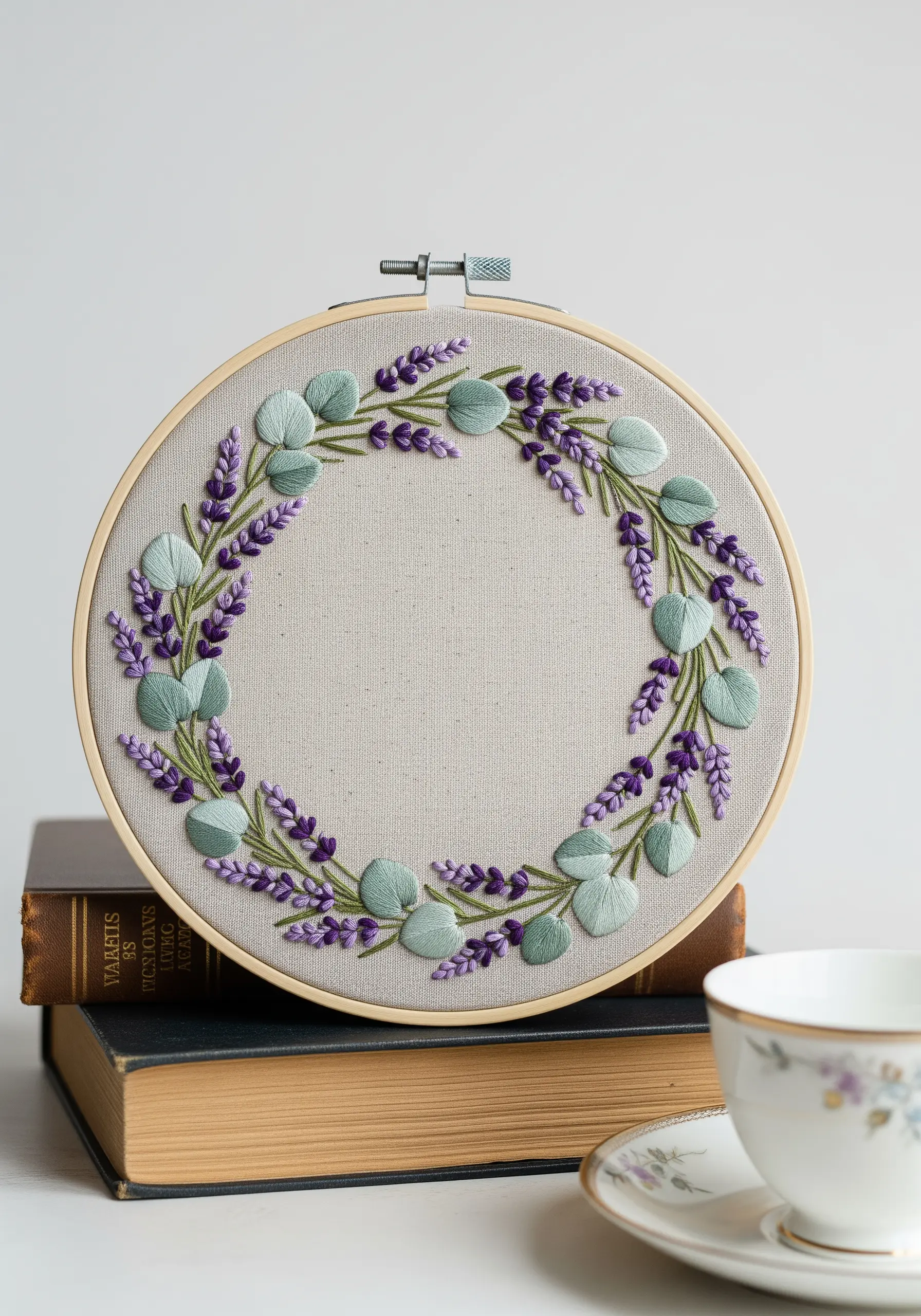 An embroidered wreath of lavender and eucalyptus leaves in a hoop on a stack of books.