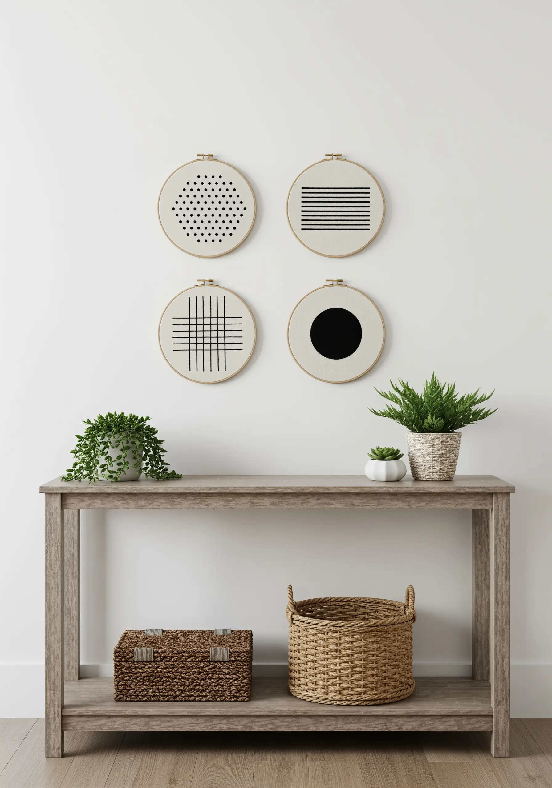 Four hoops with distinct black abstract patterns: dots, lines, a grid, and a solid circle.
