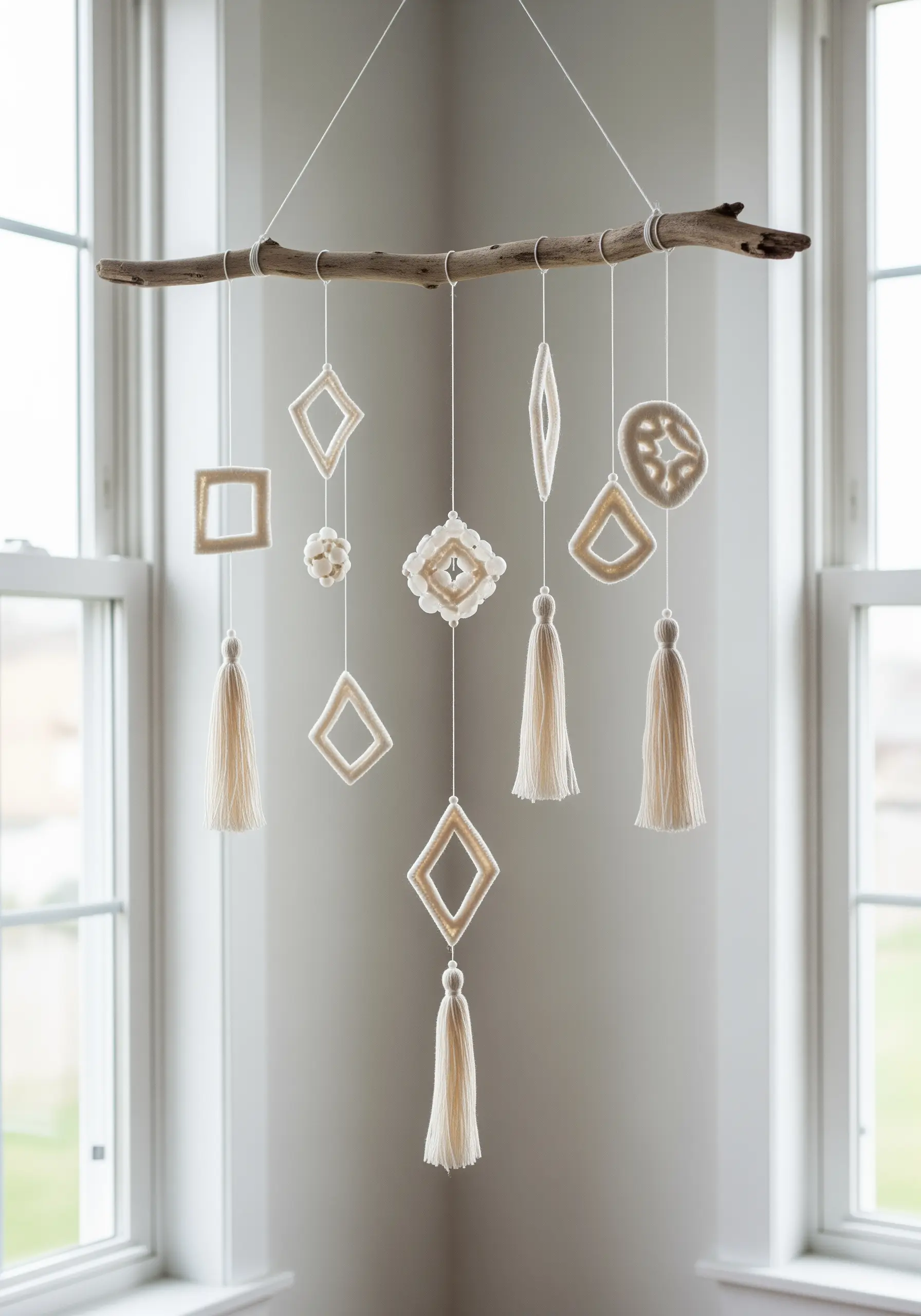 A hanging mobile made from a driftwood branch and neutral-toned yarn tassels and shapes.