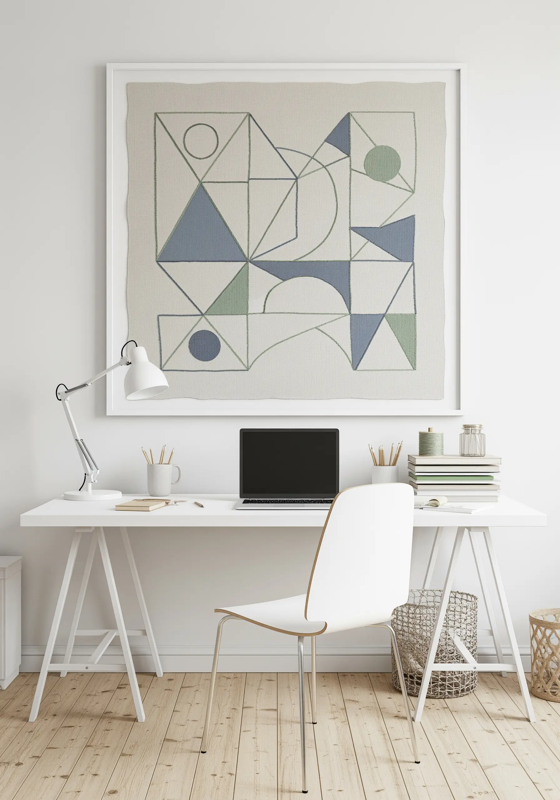 An abstract geometric design with blocks of blue and green satin stitch on a neutral background.