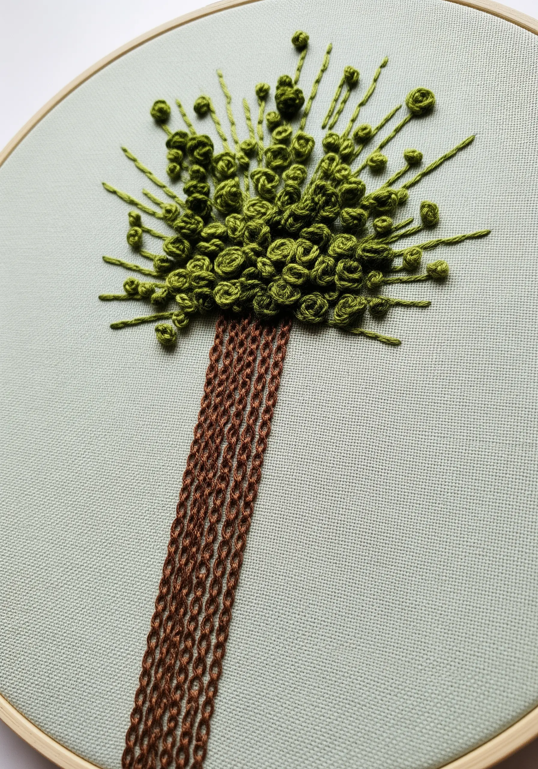 Abstract tree with a brown chain stitch trunk and a canopy of green bullion knots.