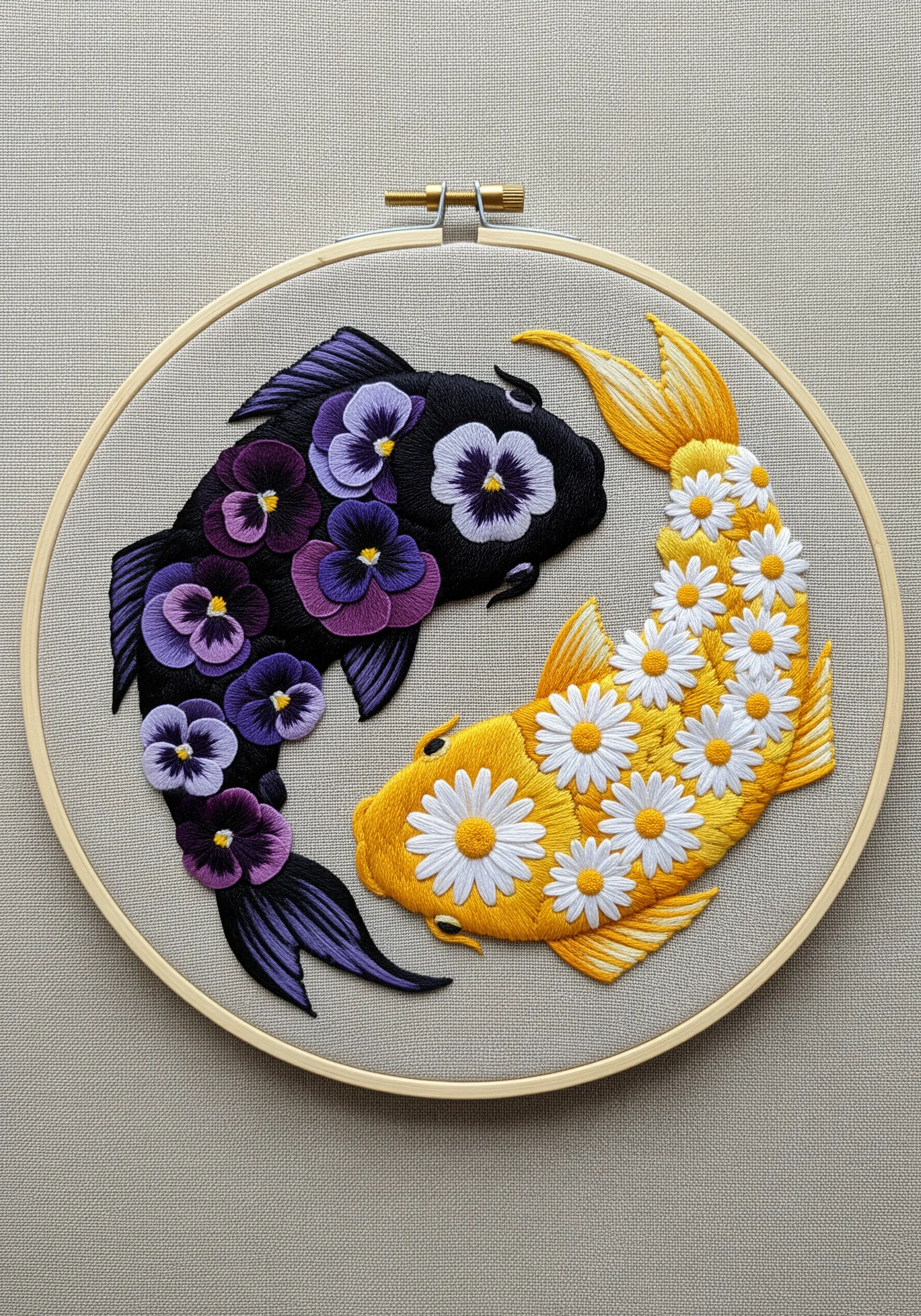 Two koi fish in a yin-yang circle, one black with purple pansies and one yellow with white daisies.