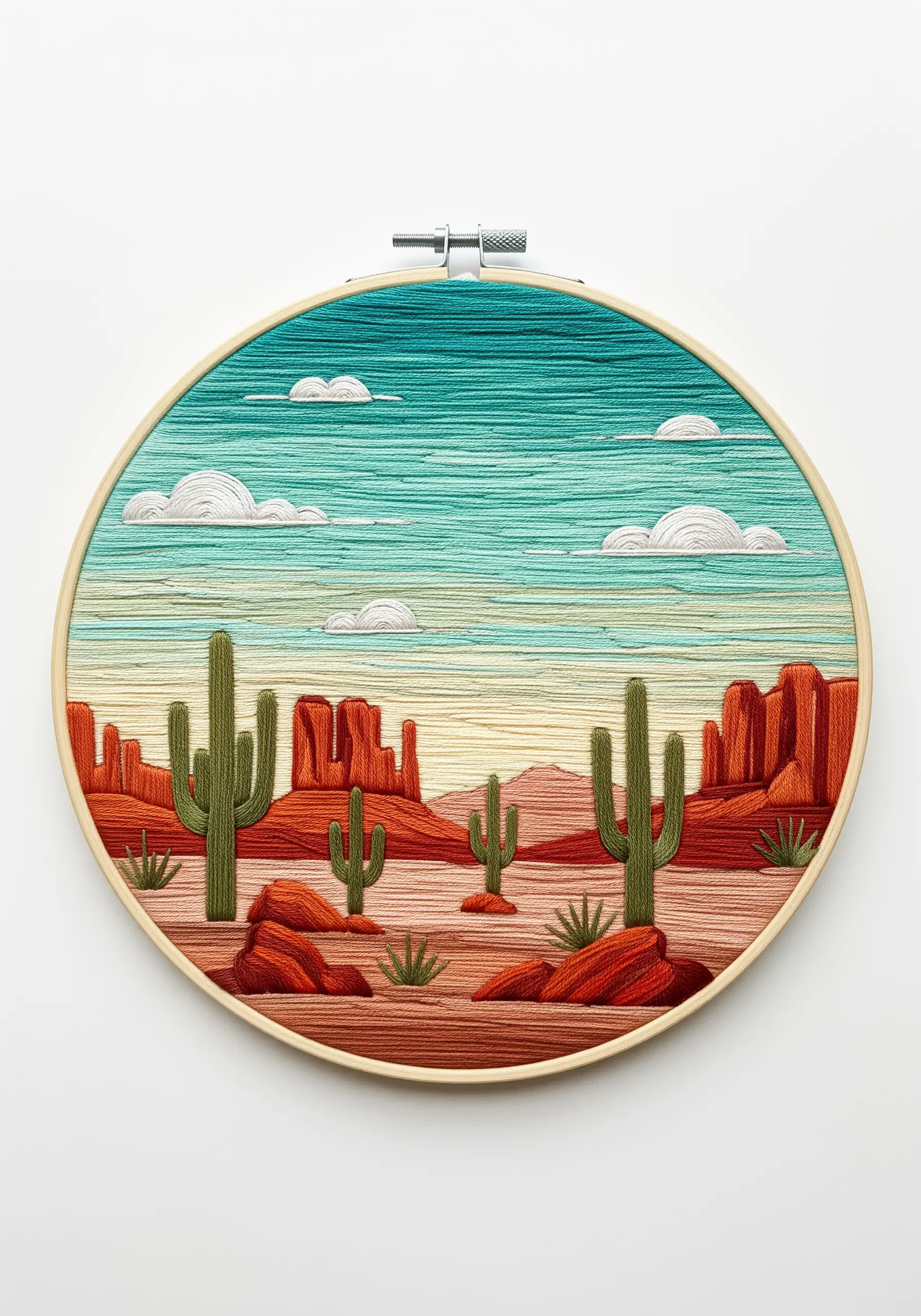 Desert landscape with cactus and banded turquoise sky