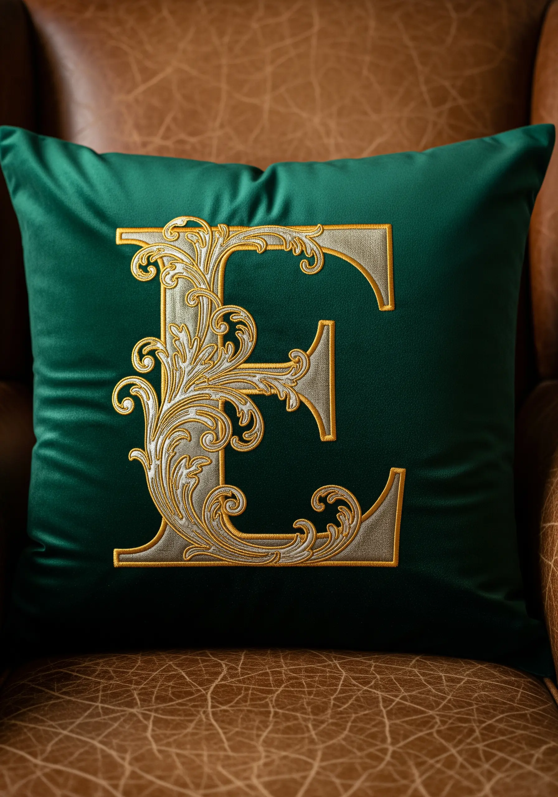 Gold metallic thread embroidery of letter E on green velvet cushion