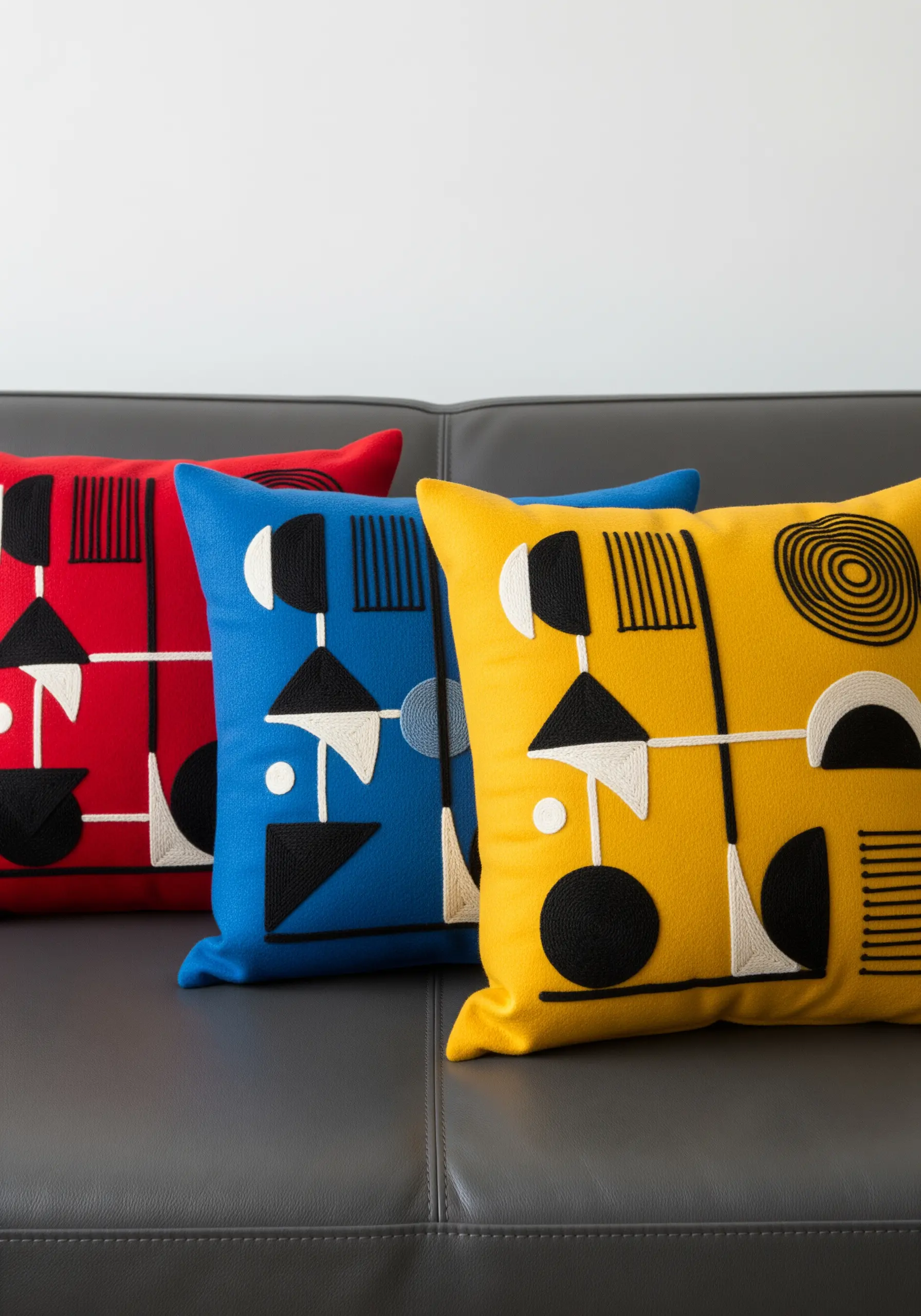 Abstract geometric embroidery in black and white on primary colored pillows.