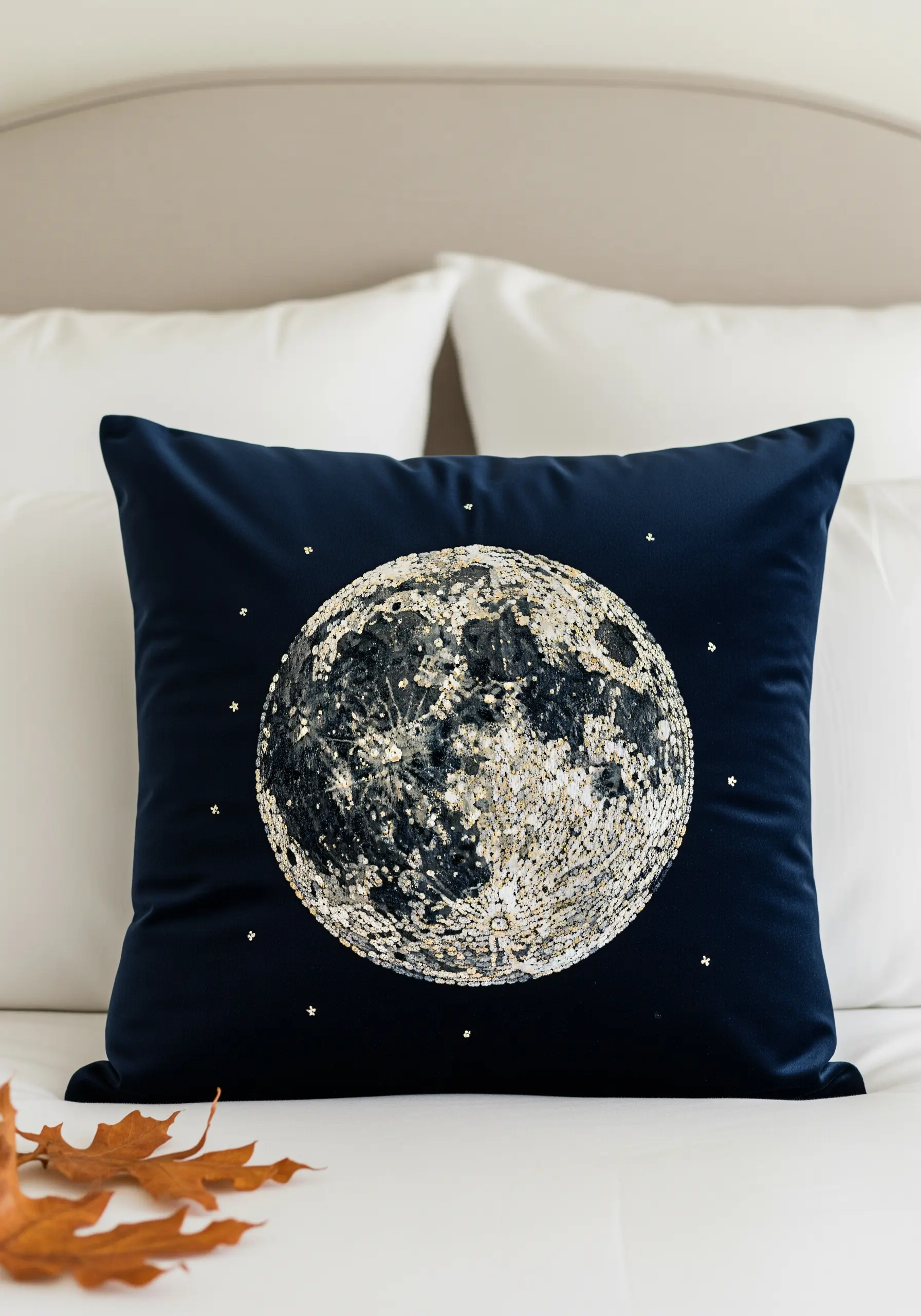 A highly textured, embroidered moon made with beads and sequins on velvet.