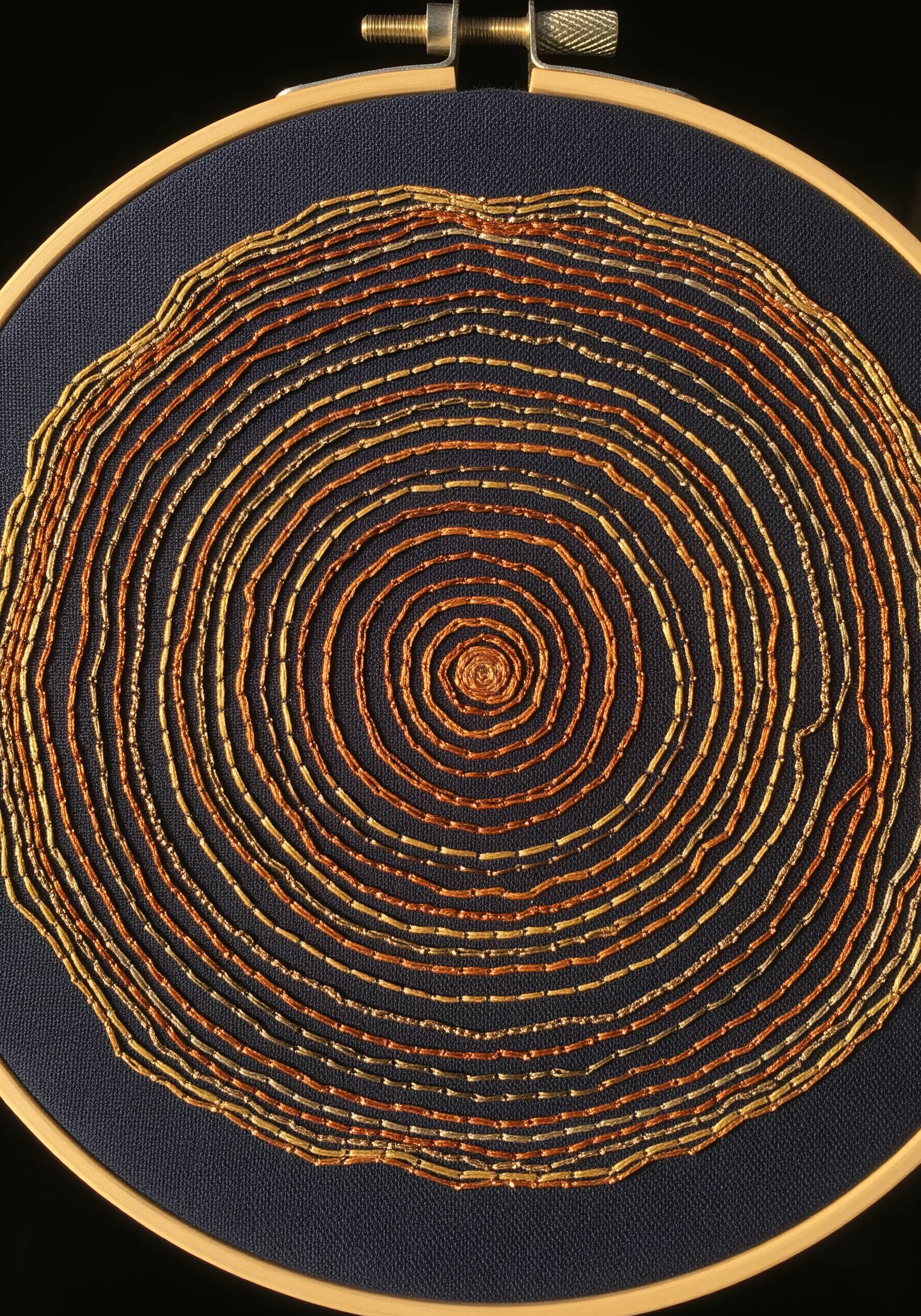 Tree rings meticulously created with couched seed beads in gold, orange, and brown.