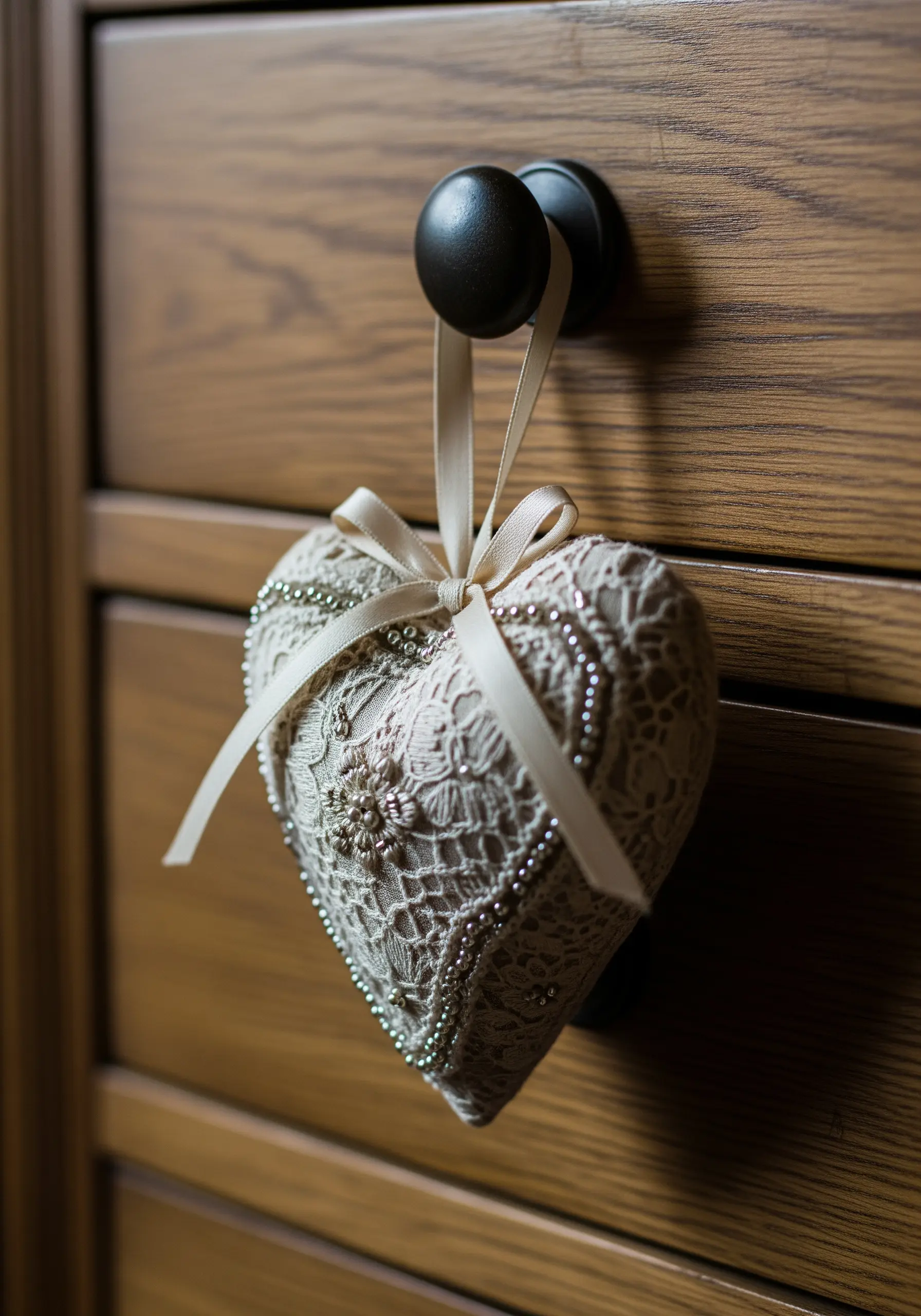 Beaded heart ornament on wooden drawer knob