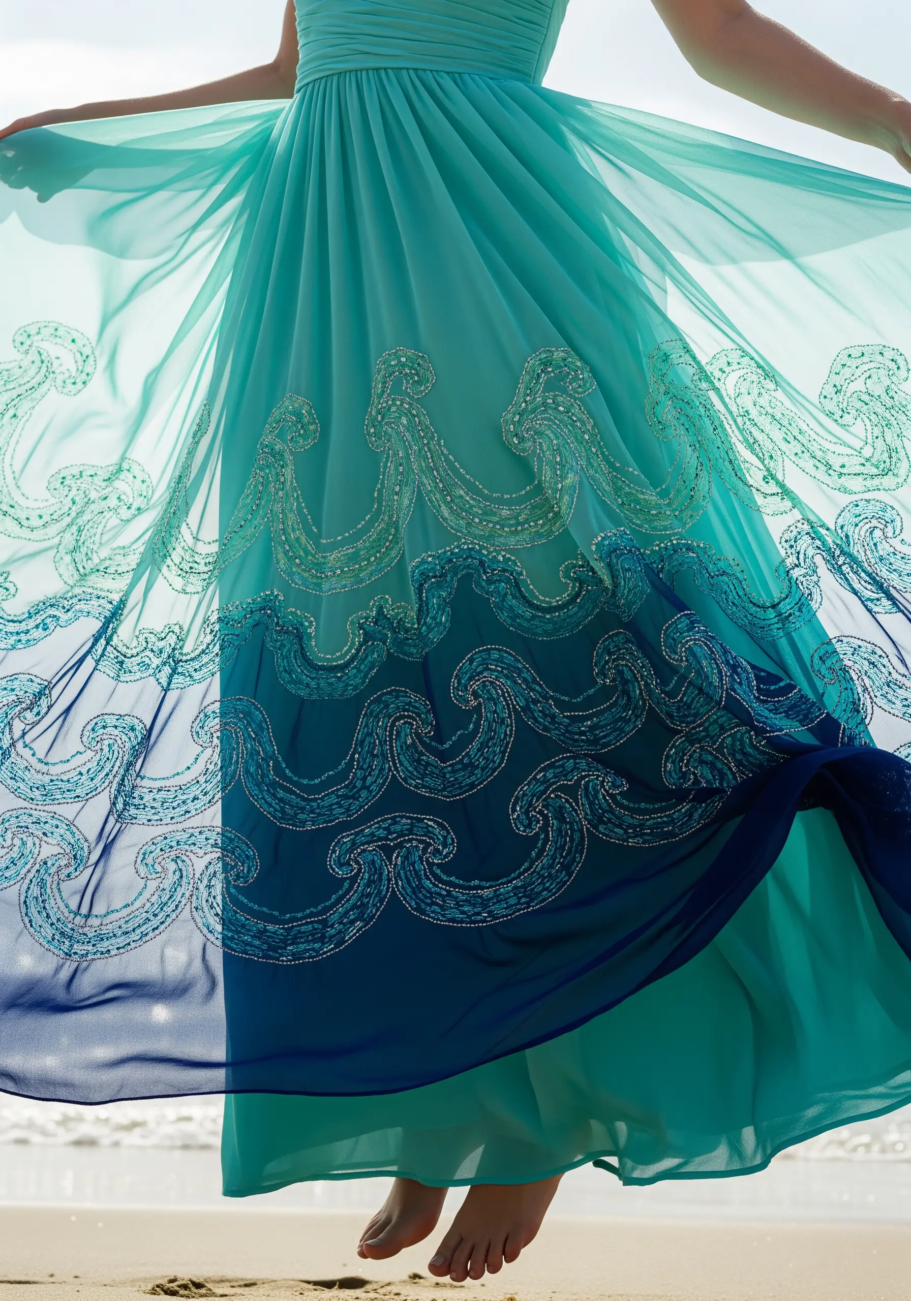 Turquoise dress with swirling ocean wave embroidery and bead details