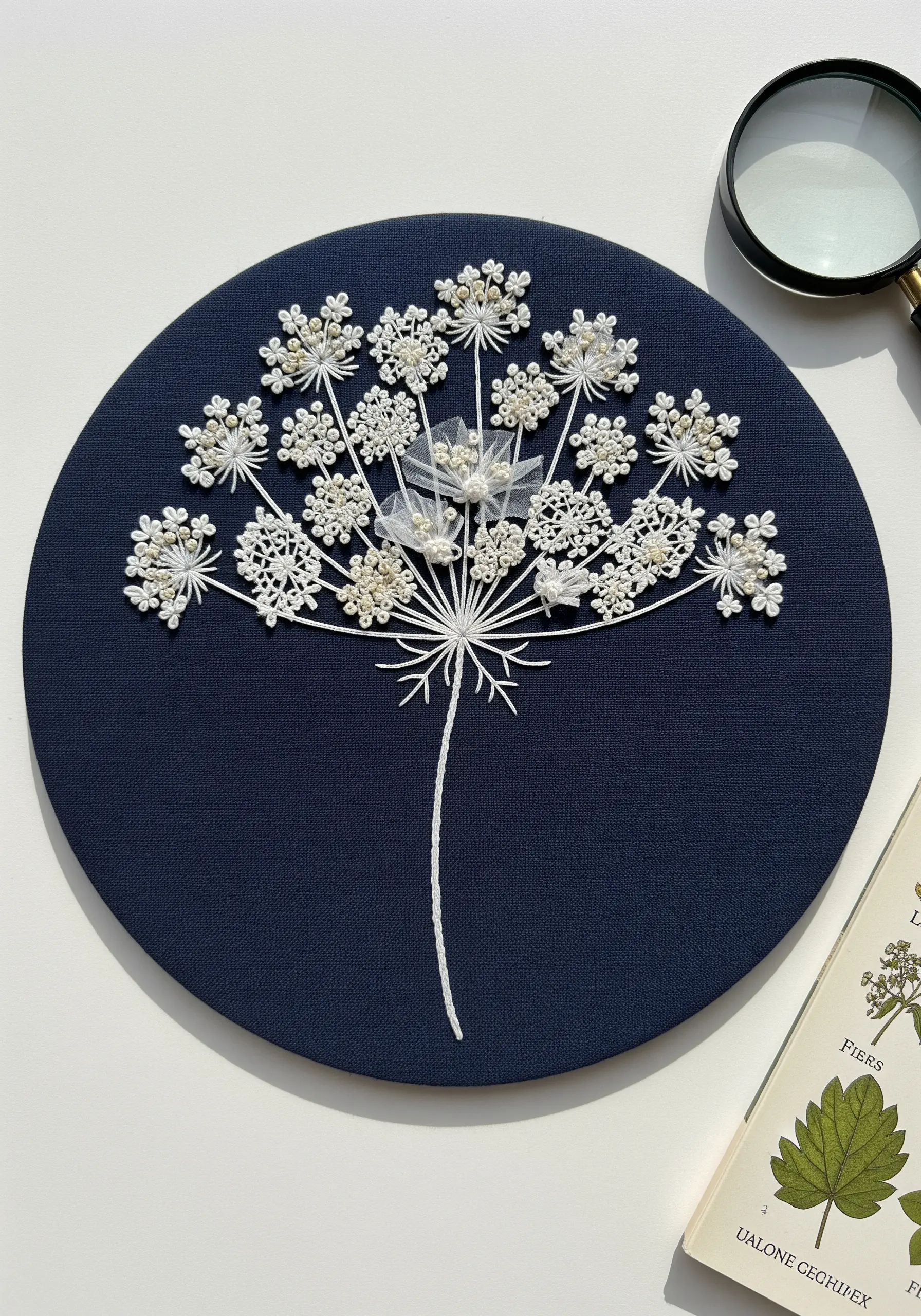 Intricate embroidery of Queen Anne's Lace using white thread and seed beads on navy fabric.
