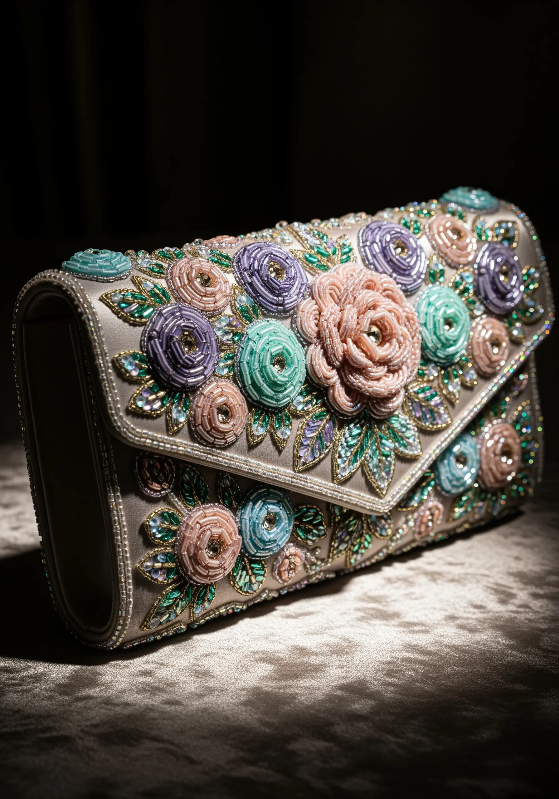 Pastel beaded rose embroidery on satin clutch bag