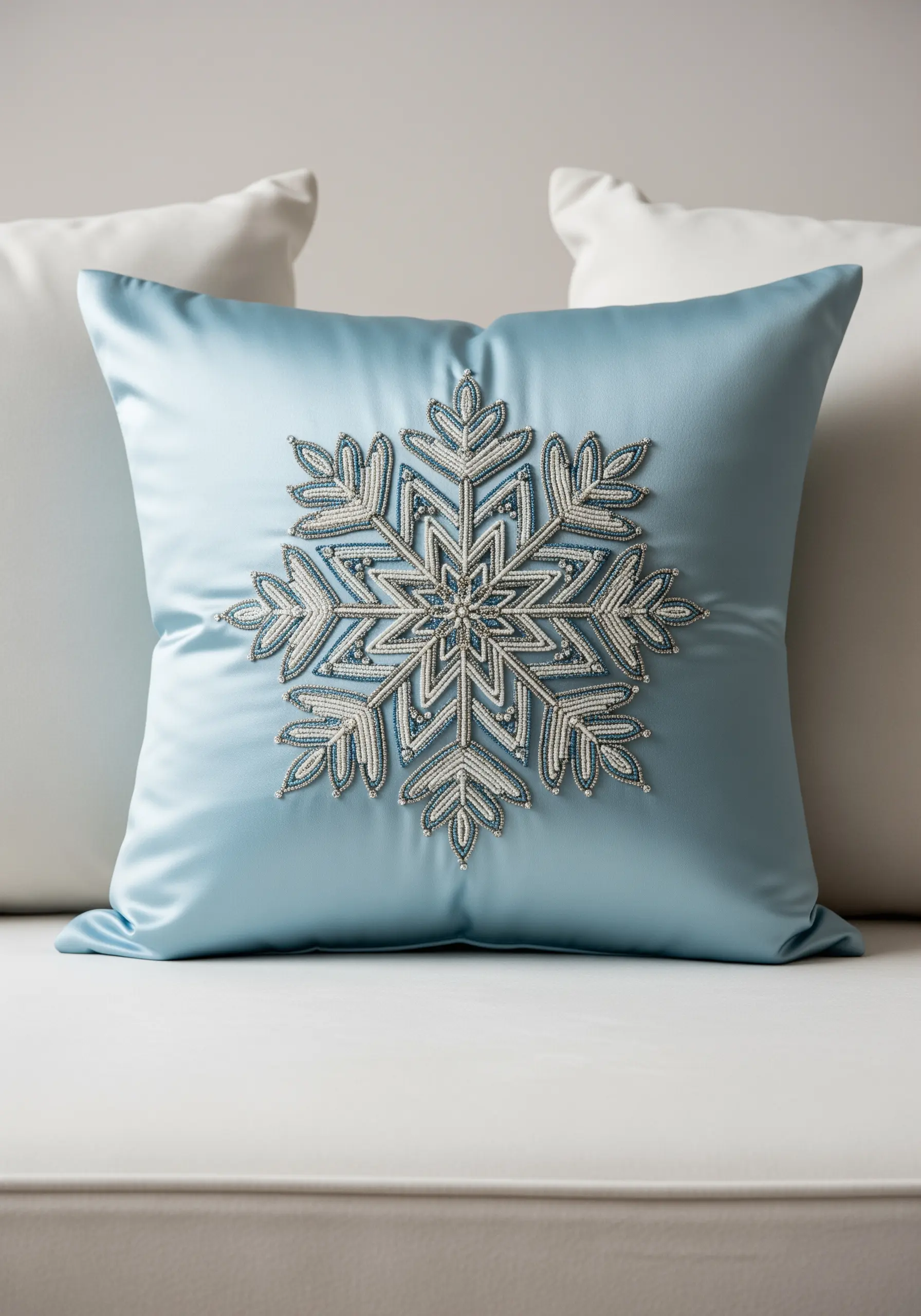 A large, intricate snowflake made of silver beads on a blue satin pillow.