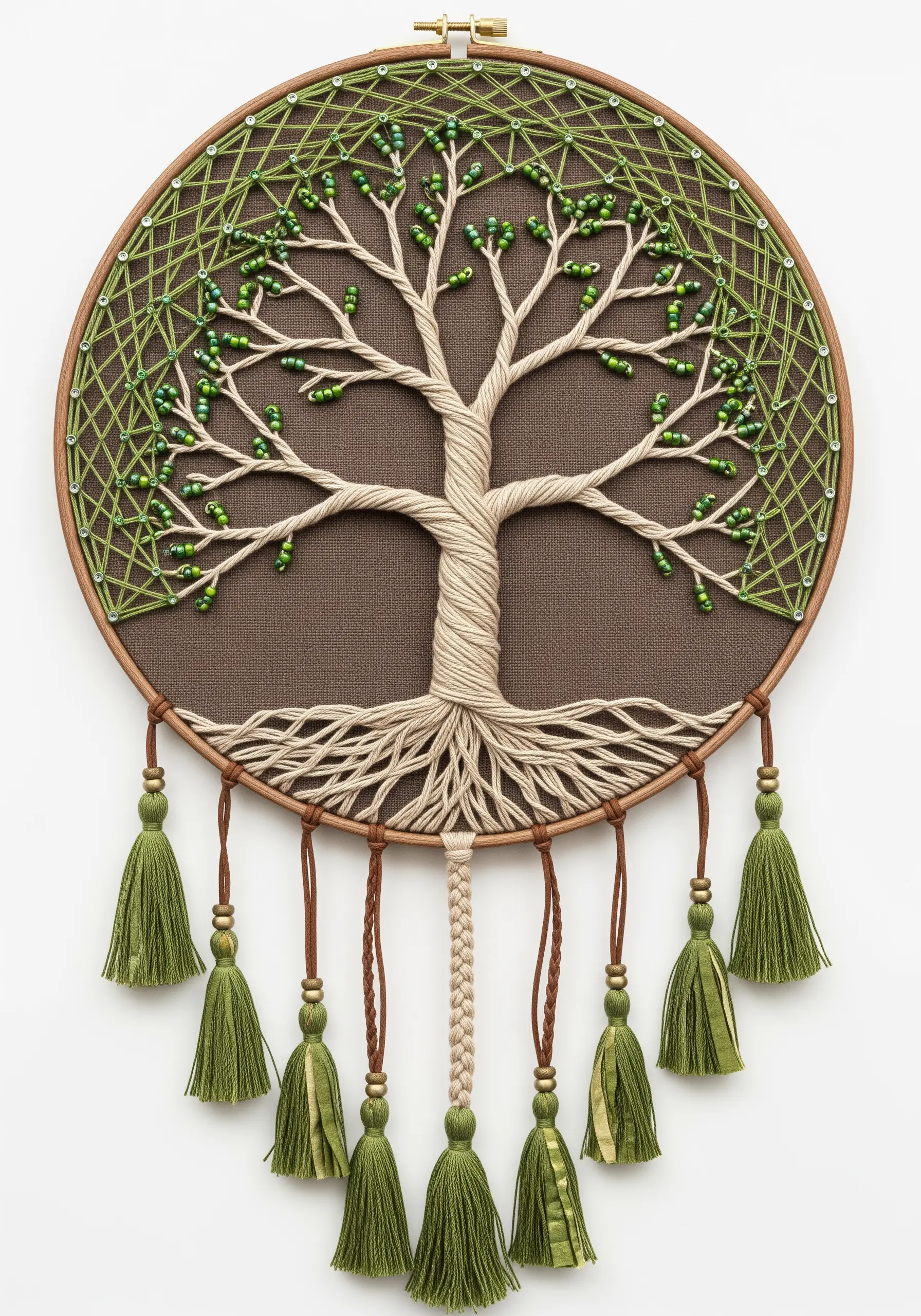 Tree of Life design with a yarn-wrapped trunk and a canopy of green beads.