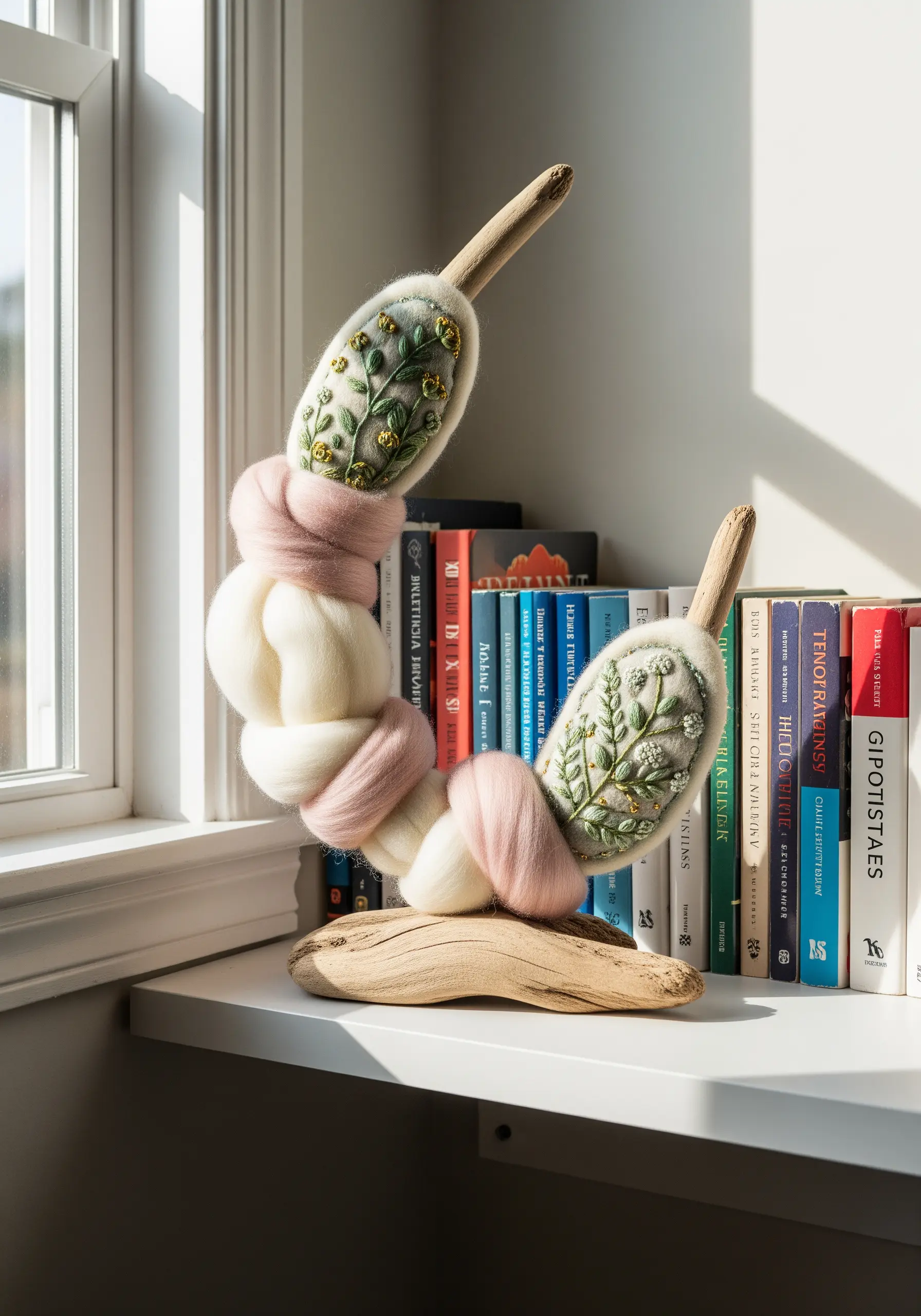 Embroidered floral details on a sculptural felt and wood art piece.