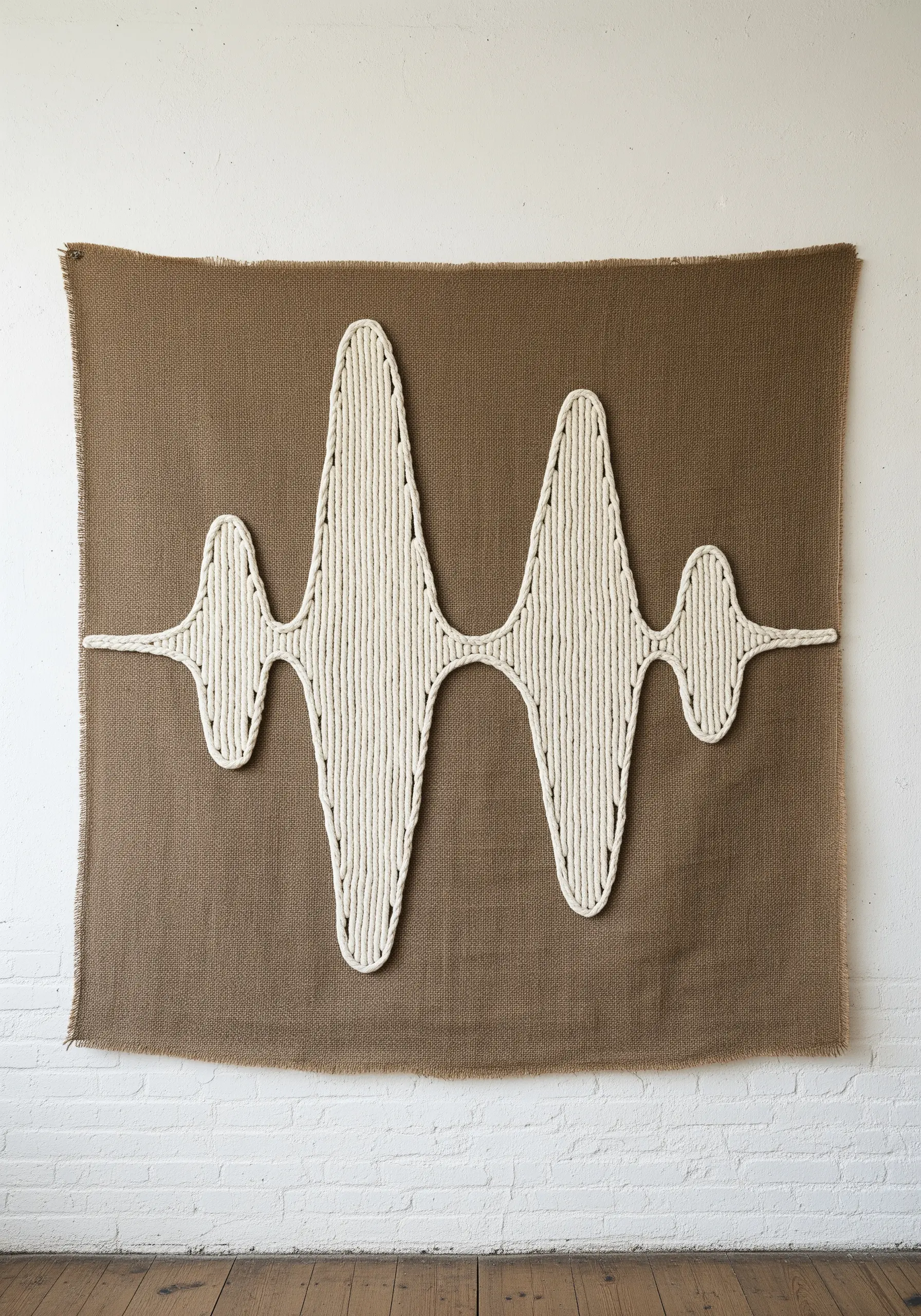 A large sound wave made of thick white rope couched onto a brown burlap canvas.