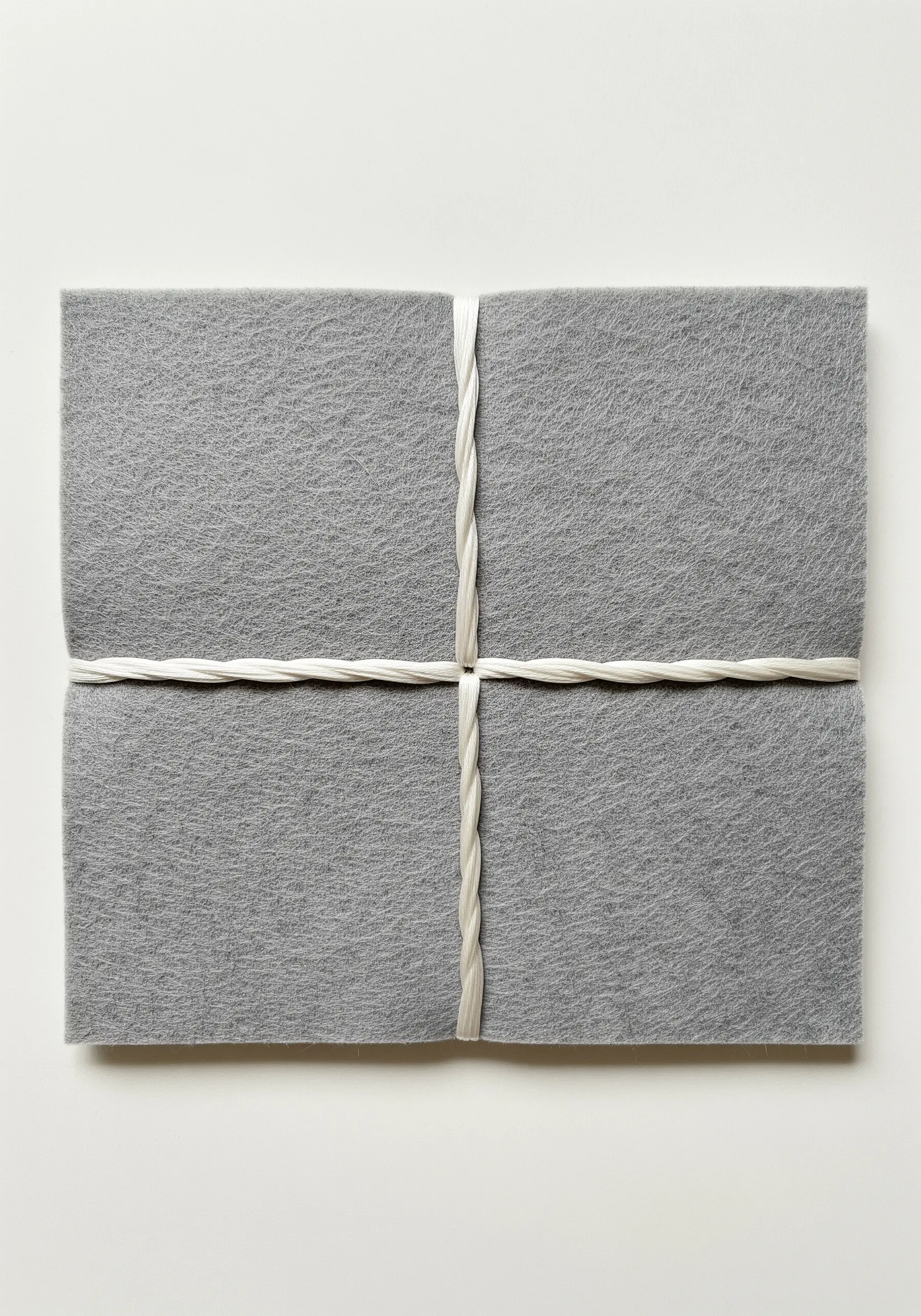 A grey felt rectangle wrapped crosswise with a twisted white cord.