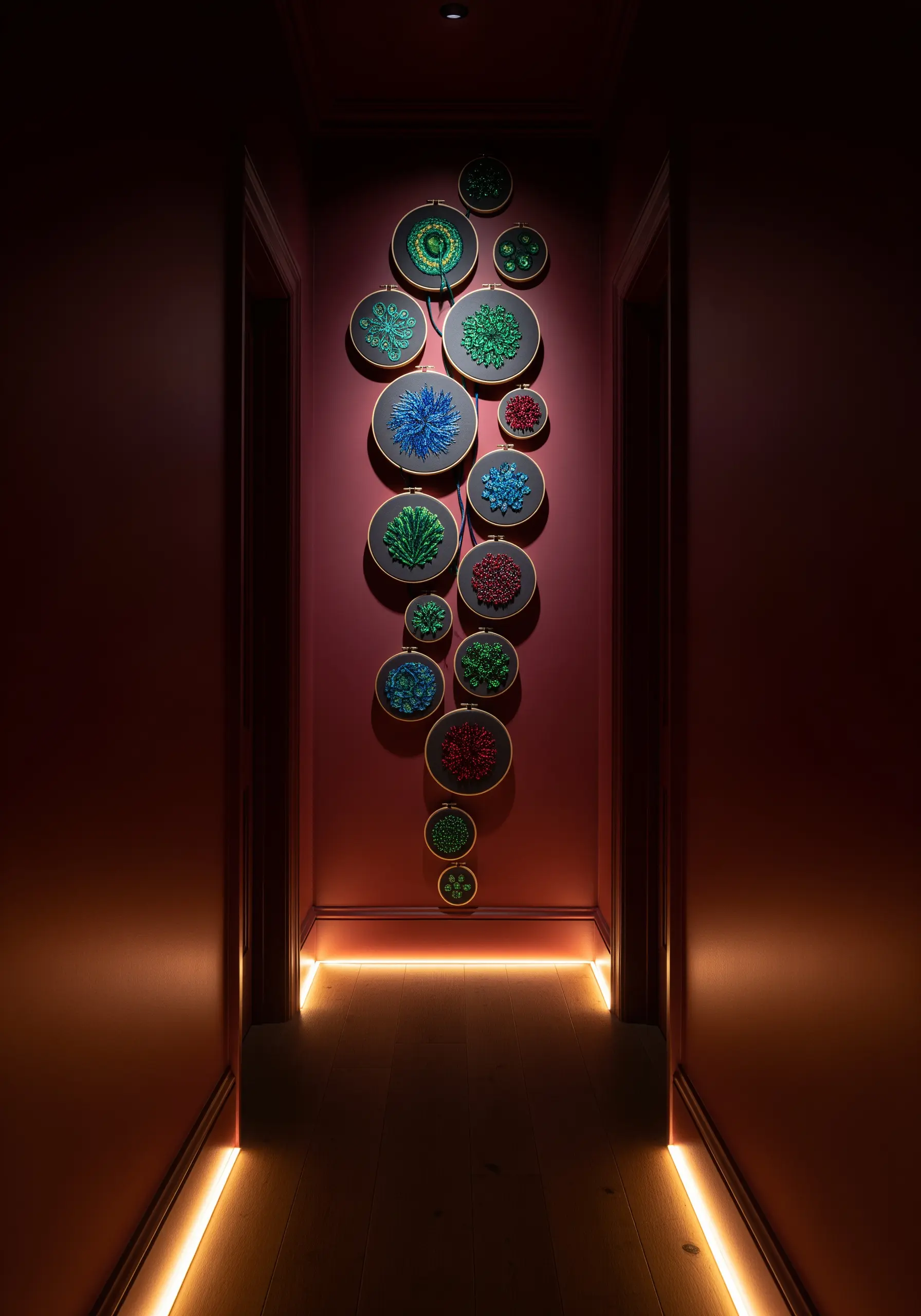 A cascading arrangement of embroidery hoops with vibrant, textured coral motifs in a dark hallway.