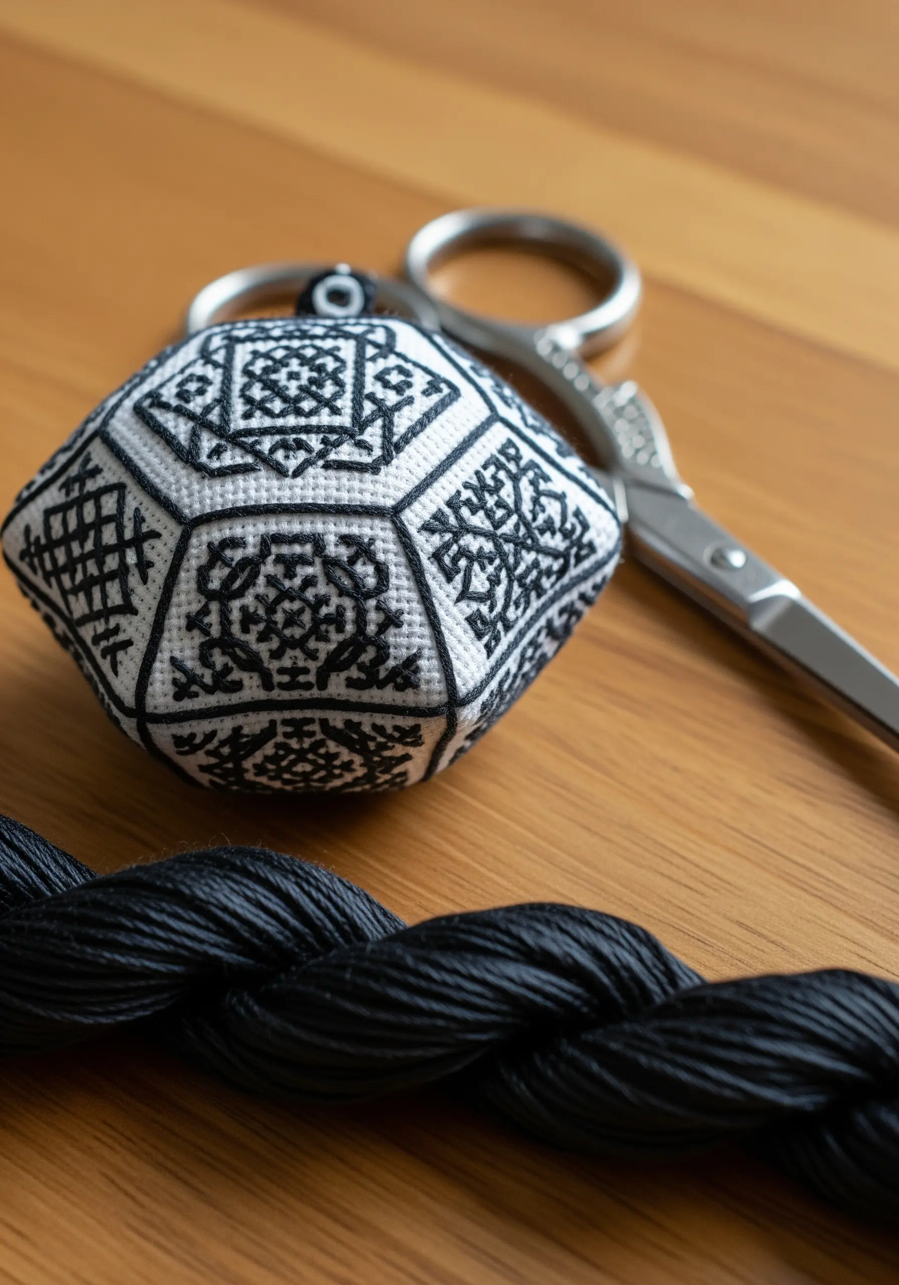 Blackwork embroidery on a white biscornu pin cushion