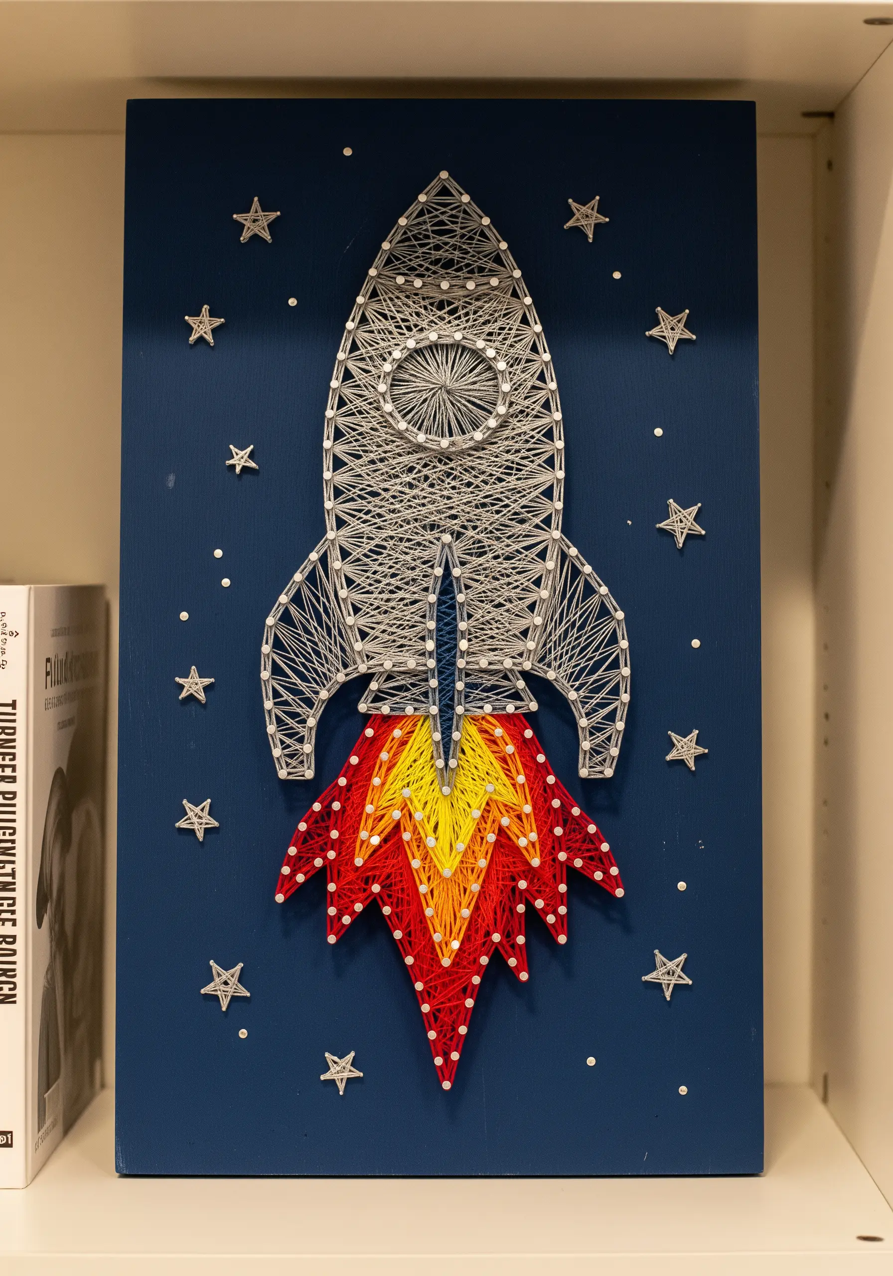 A rocket ship with a fiery exhaust embroidered in a smooth red, orange, and yellow gradient.
