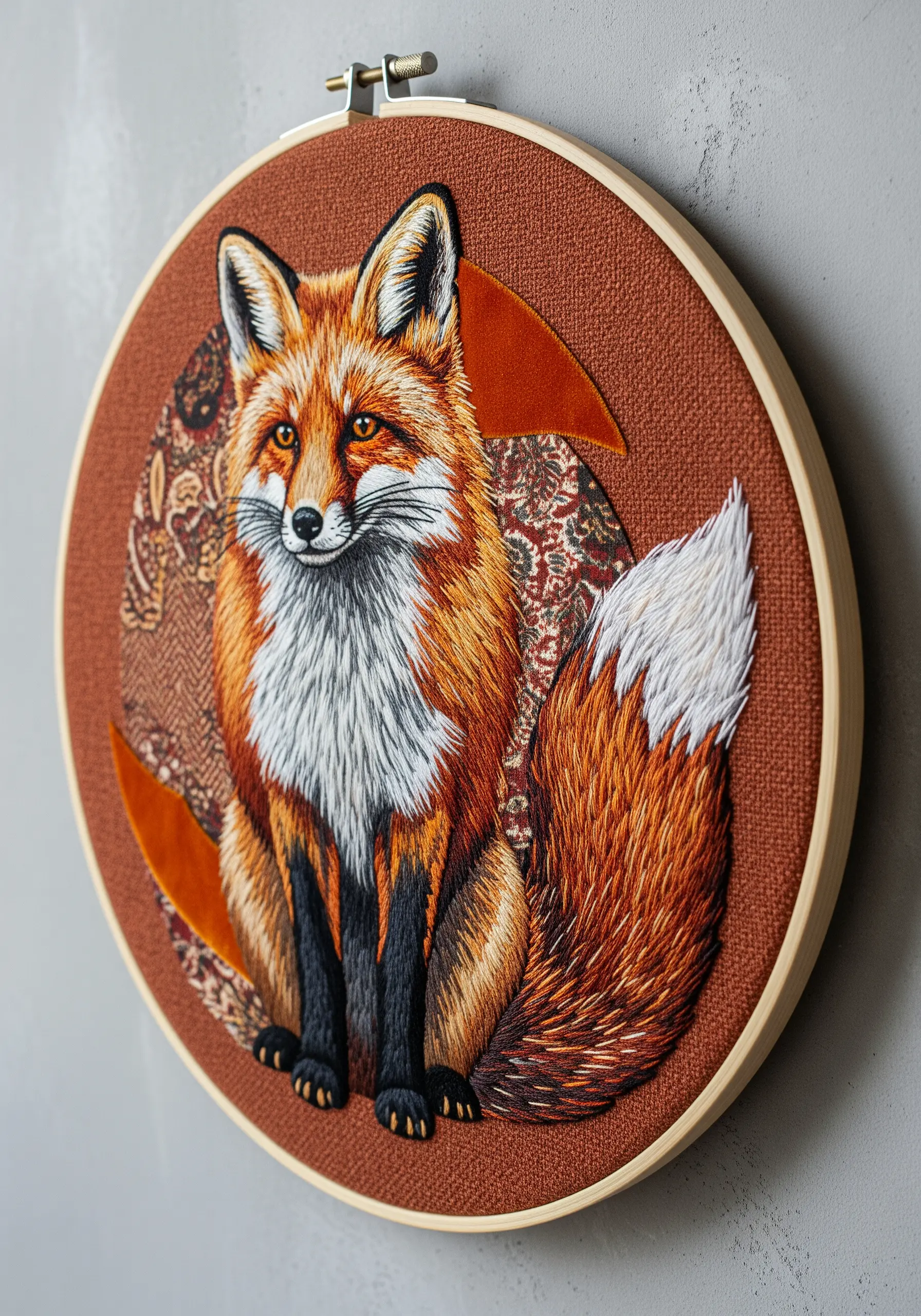 Embroidered fox with fabric collage elements and detailed thread painting for fur.