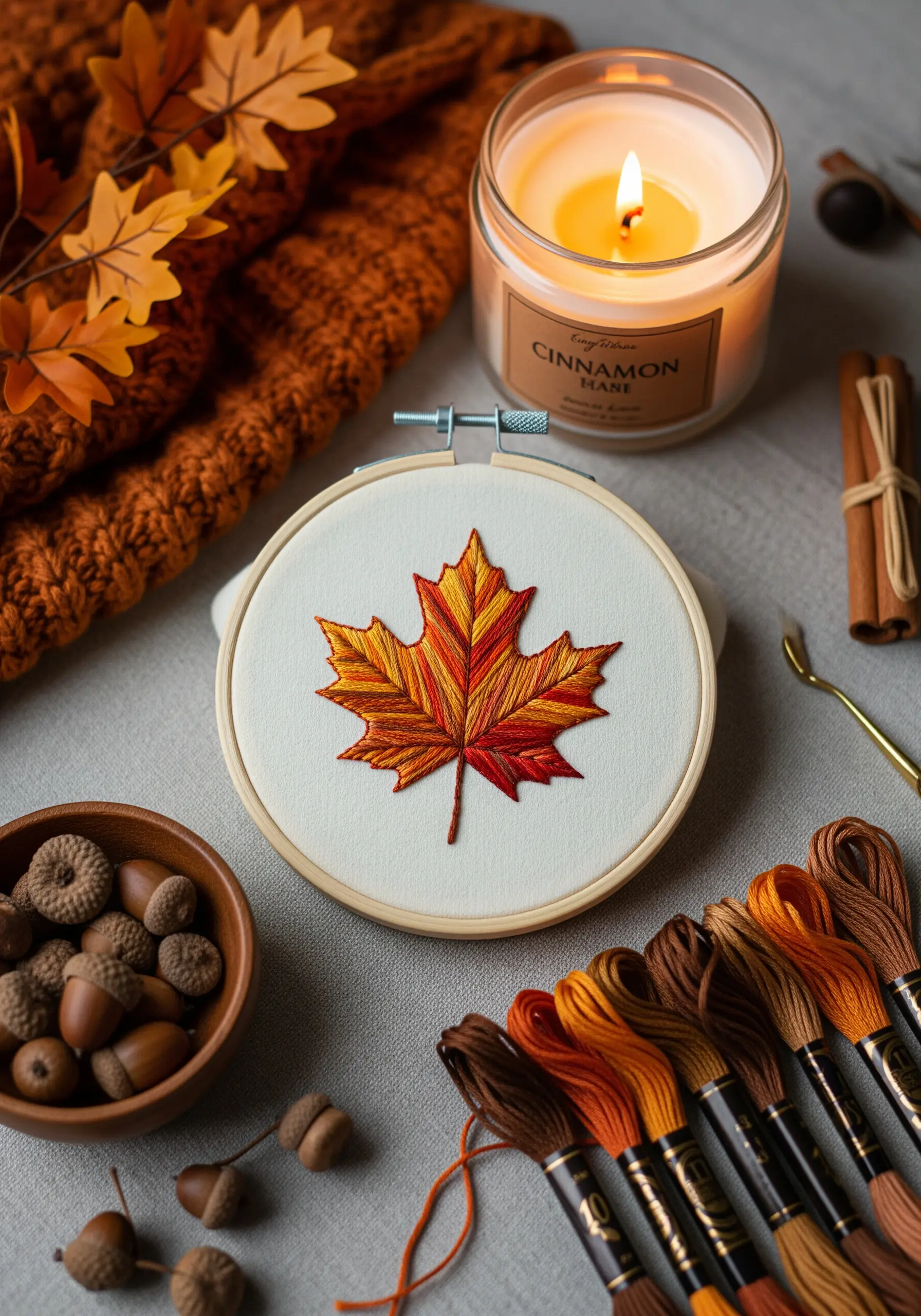 Embroidered maple leaf with a realistic gradient of red, orange, and yellow threads.