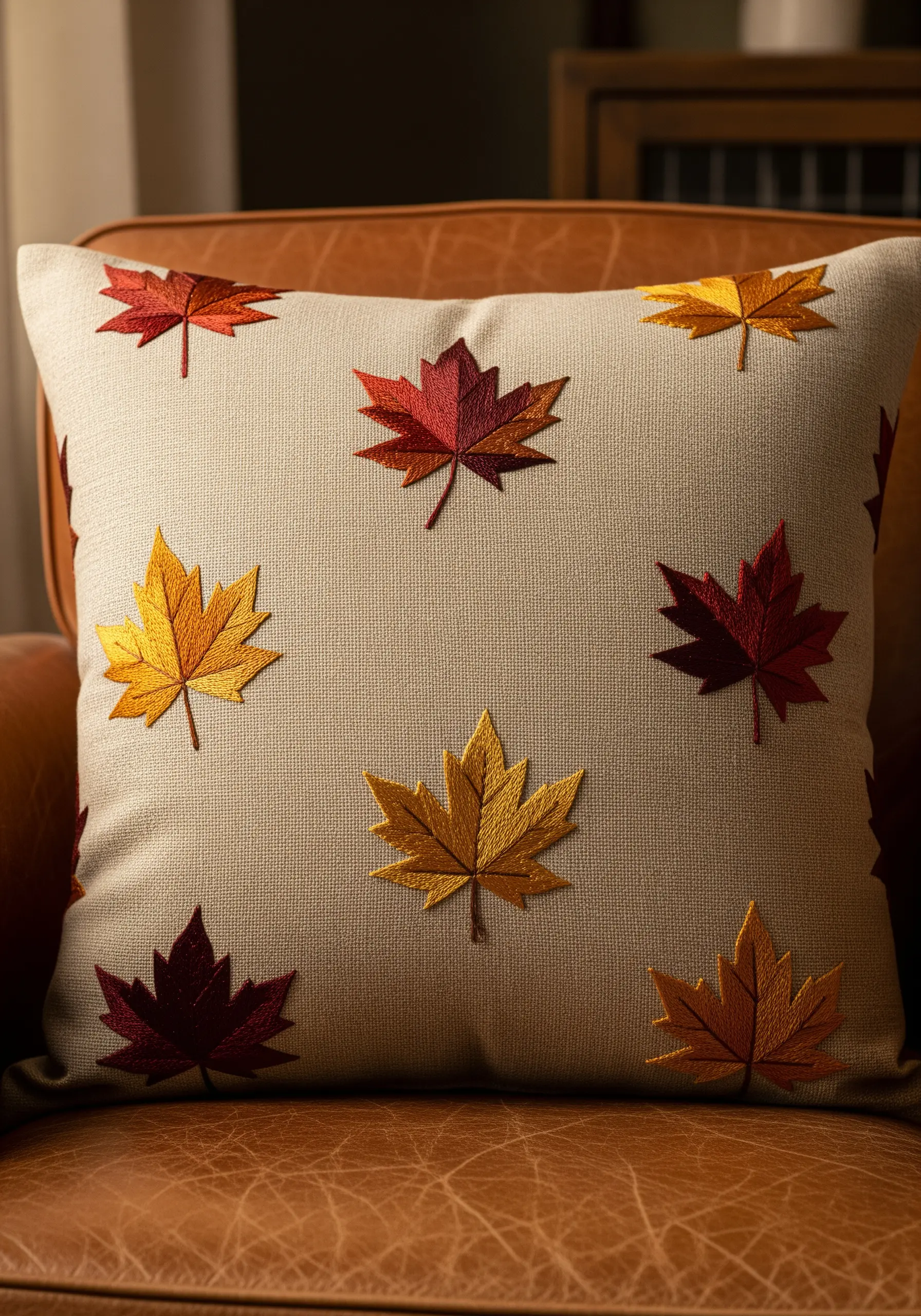 A beige cushion decorated with multiple embroidered maple leaves in autumn colors.