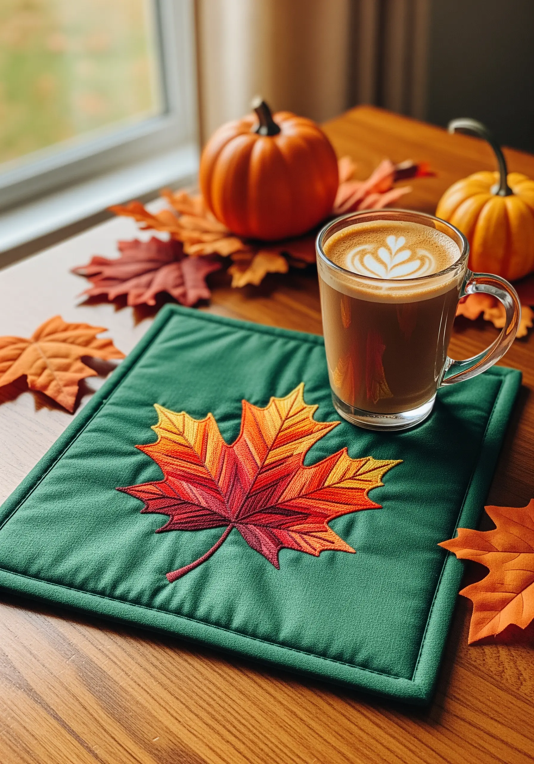 A vibrant maple leaf embroidered with a red, orange, and yellow gradient on a green mug rug.