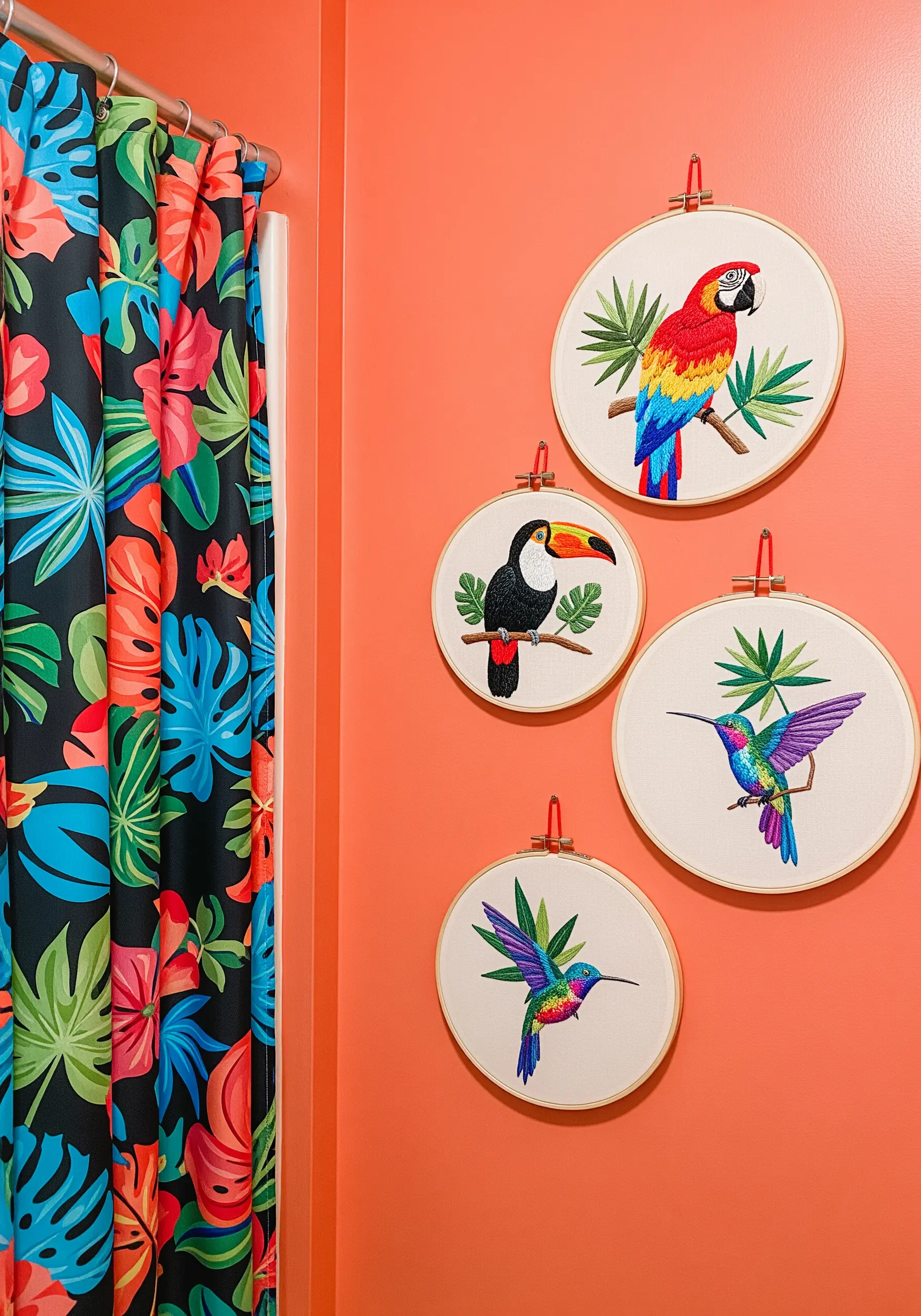 A collection of four hoops featuring brightly colored embroidered tropical birds.