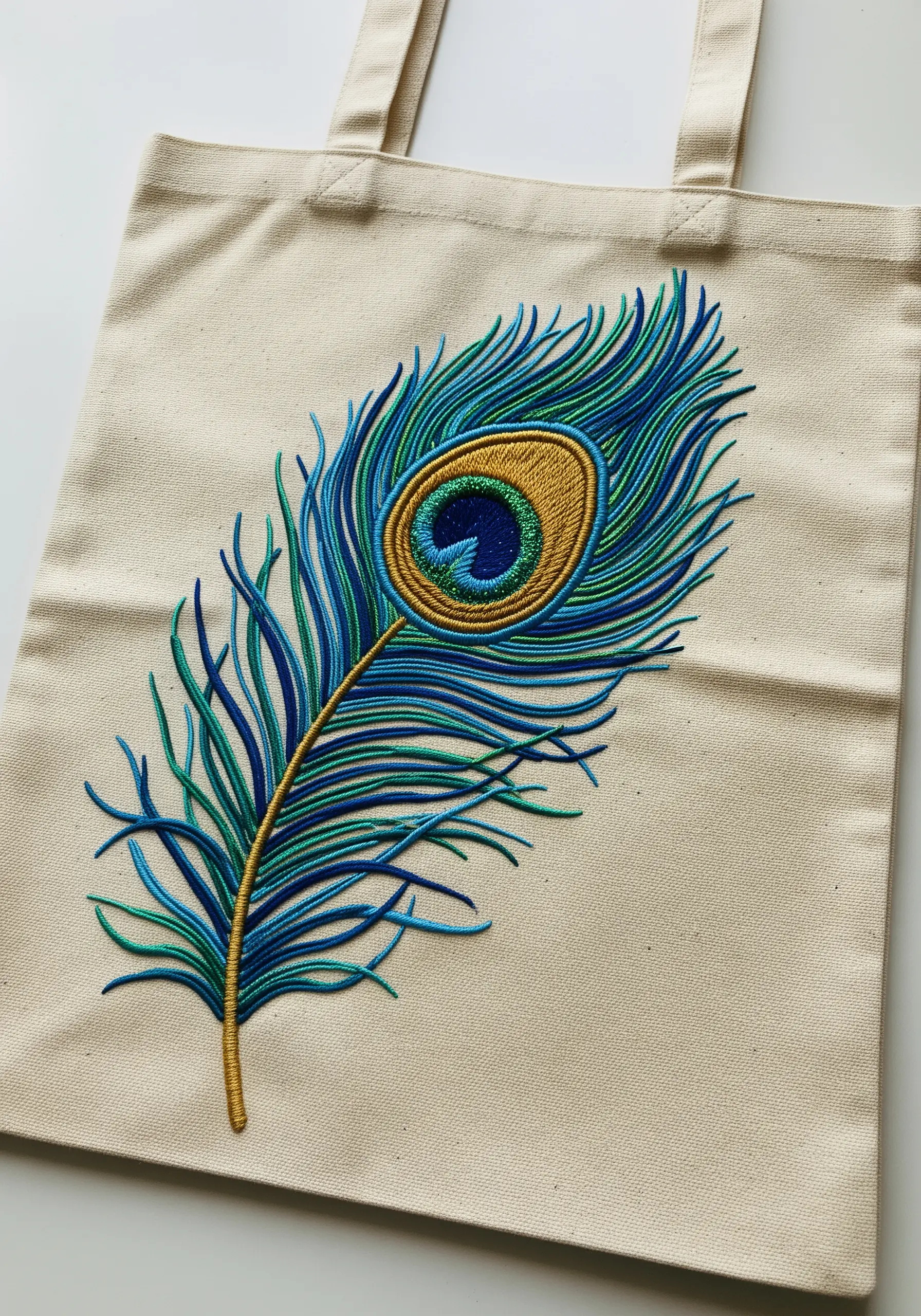 A vibrant peacock feather embroidered with blended blue, green, and gold threads.