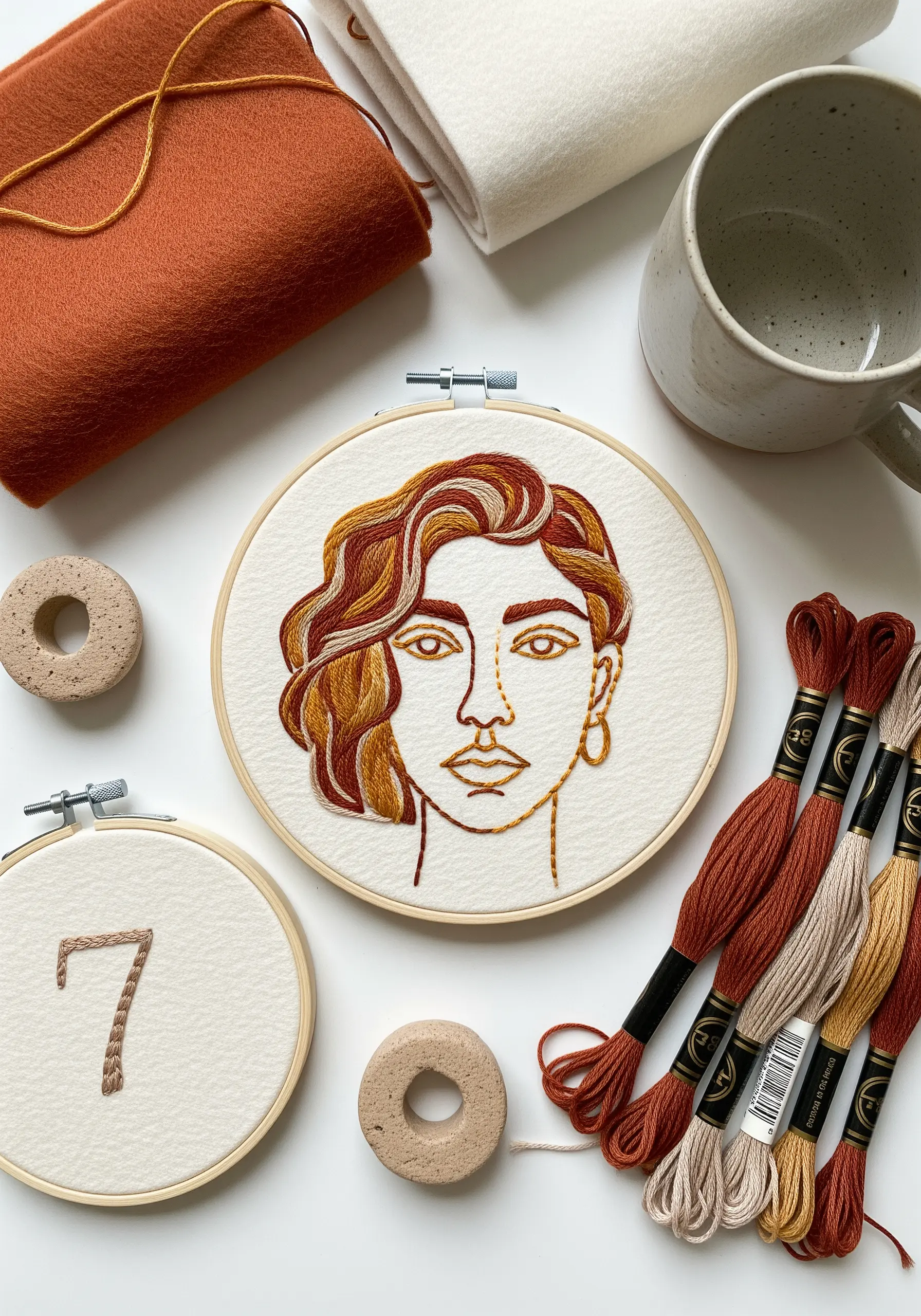 Portrait with hair filled using blended shades of brown, auburn, and gold thread.