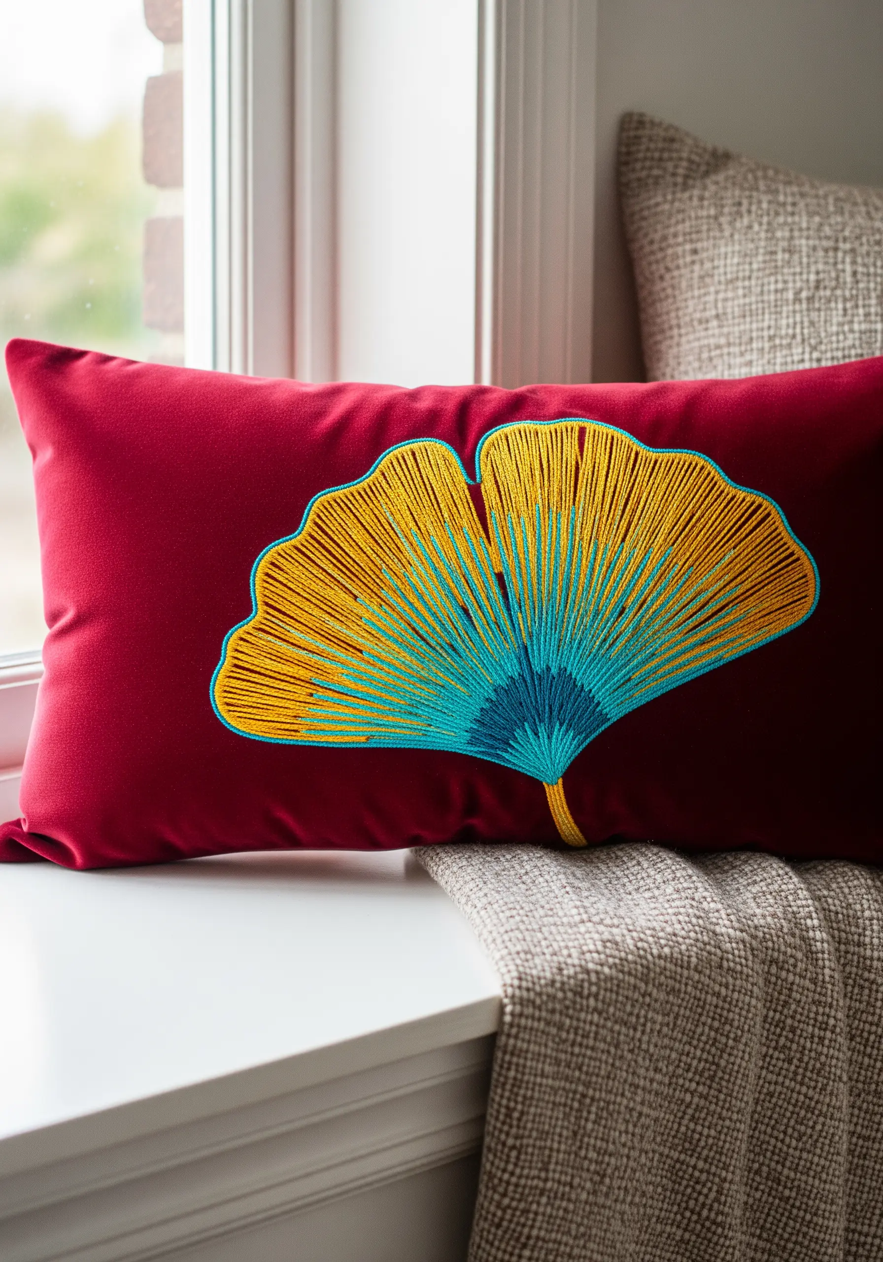 Ginkgo leaf with a smooth yellow-to-cyan gradient on a dark red pillow.