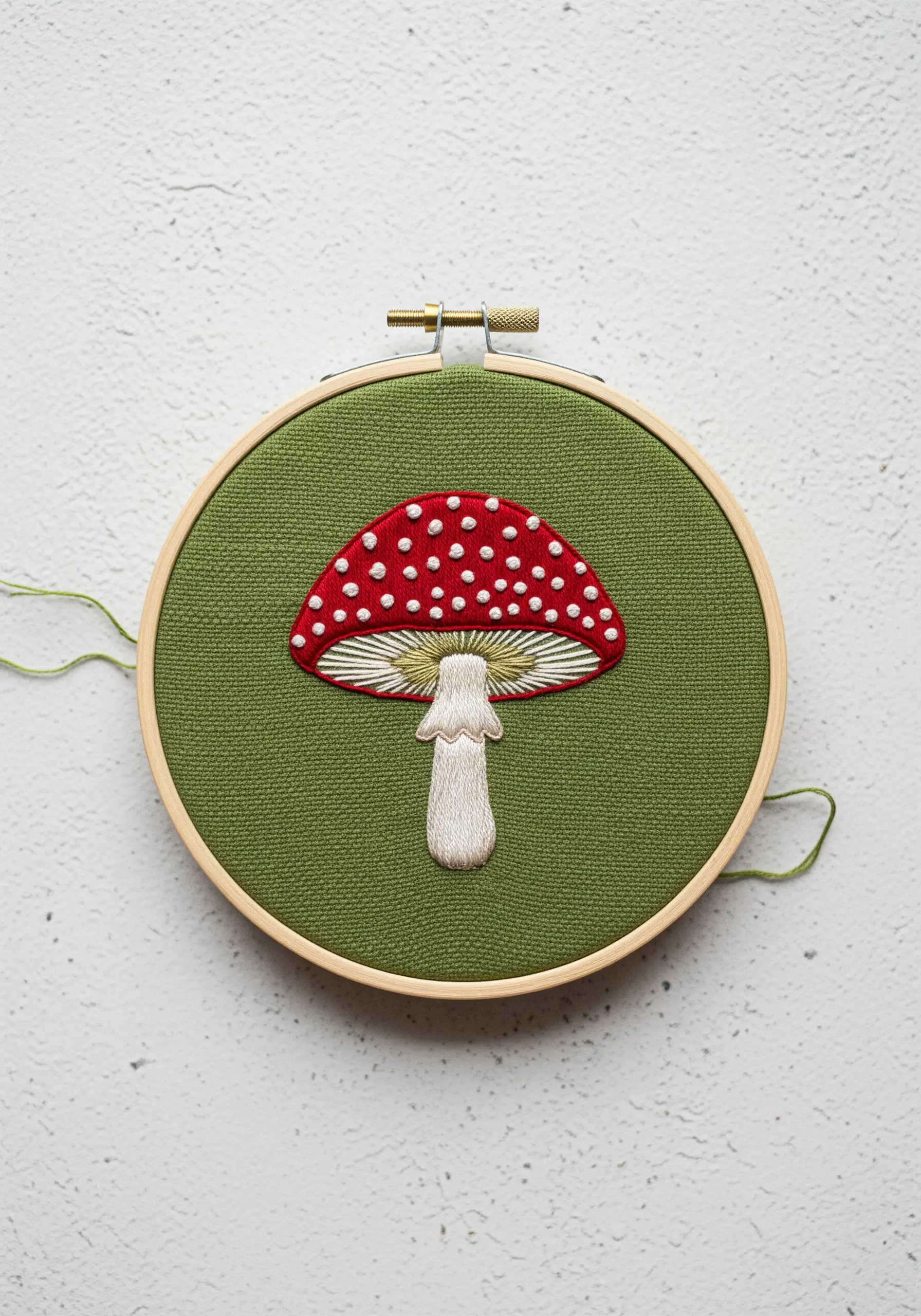A detailed fly agaric mushroom with a red and white blended cap and white spots.