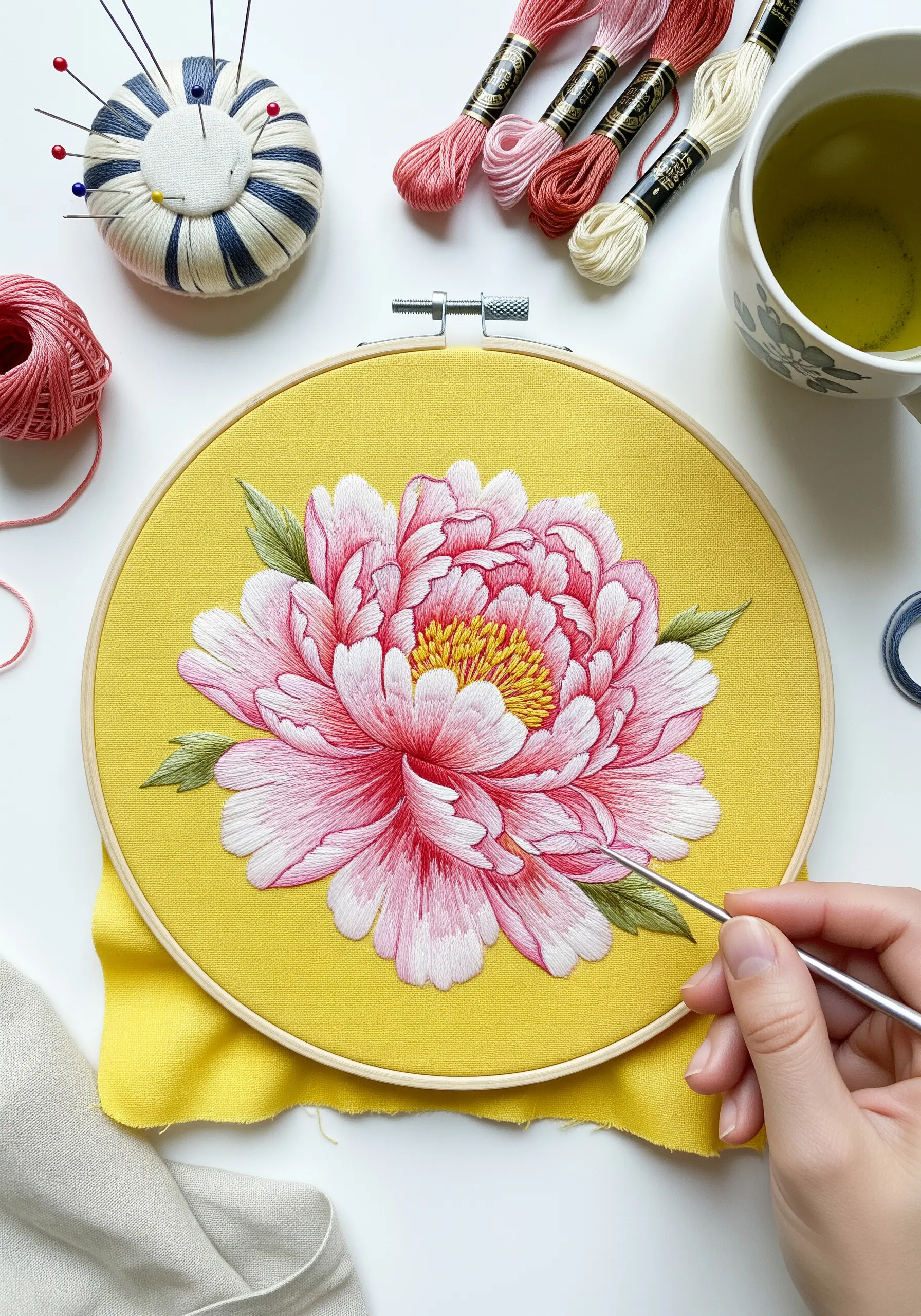 A realistic pink and white peony created with thread painting on yellow fabric