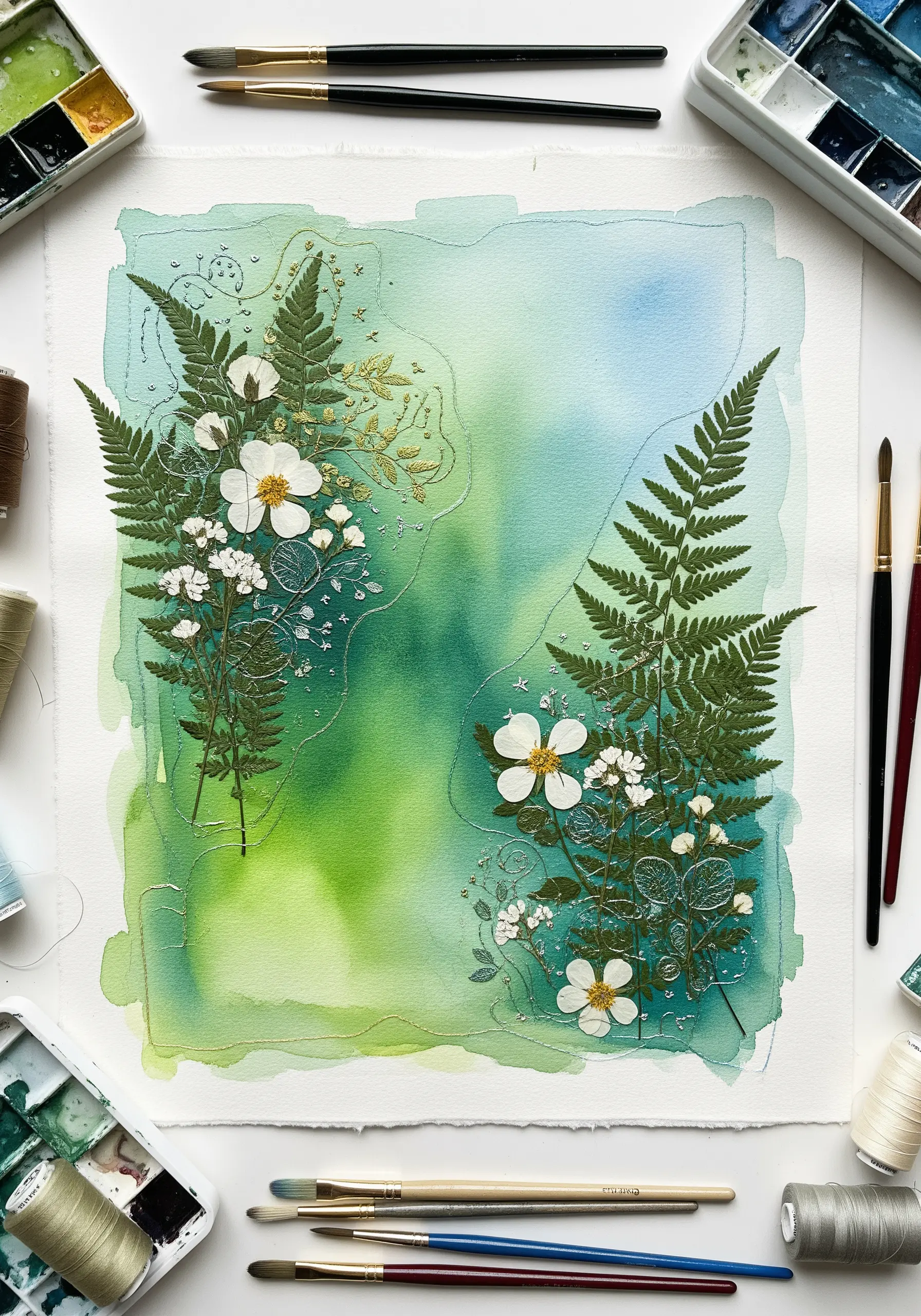 Pressed ferns and white flowers on a watercolor background with delicate silver embroidery.