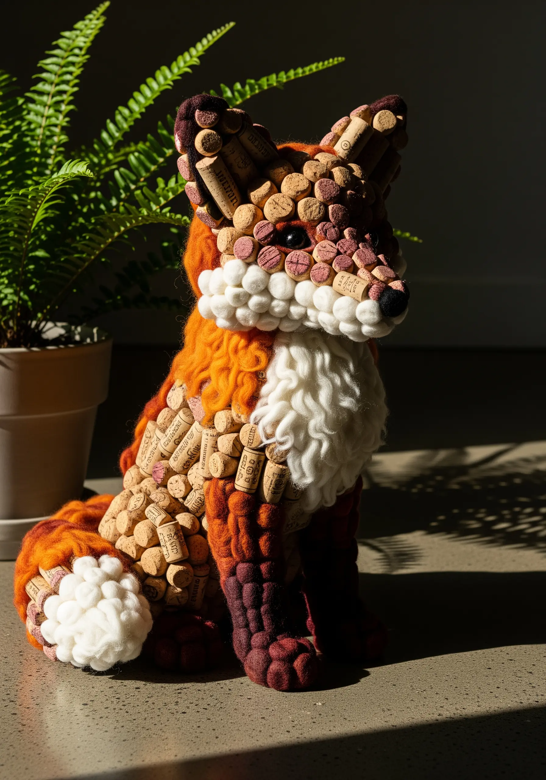 A fox sculpture made from wine corks for its body and plush yarn for its chest and tail.