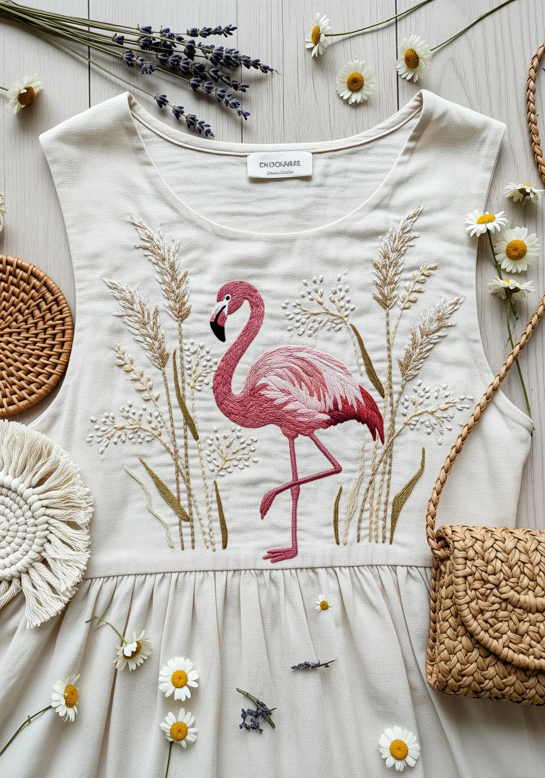 Embroidered flamingo on a linen dress, surrounded by stitched wheat and lavender stalks.