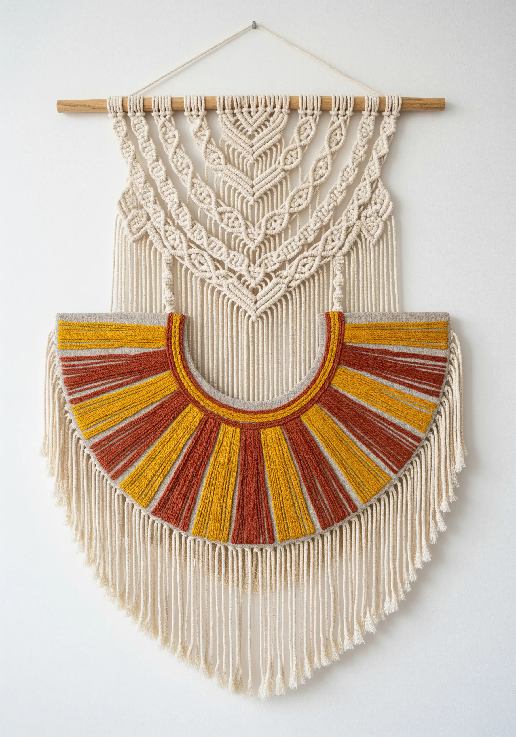 A large wall hanging combining a macrame top with a semi-circular embroidered panel.